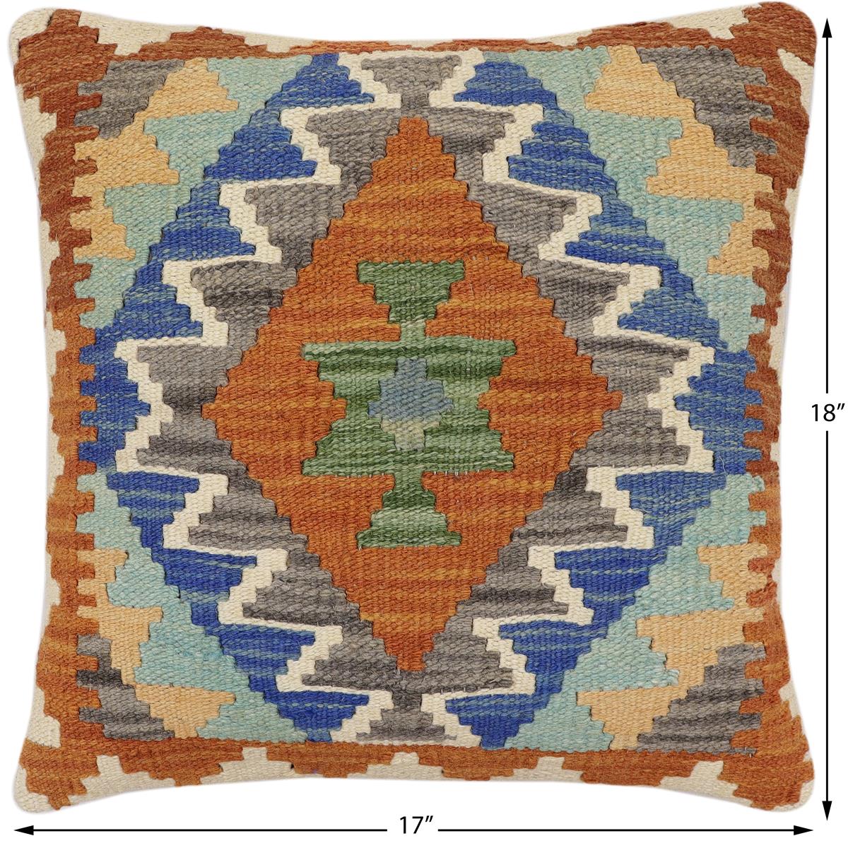 handmade Traditional Pillow Rust Blue Hand-Woven SQUARE 100% WOOL  Hand woven turkish pillow  2 x 2