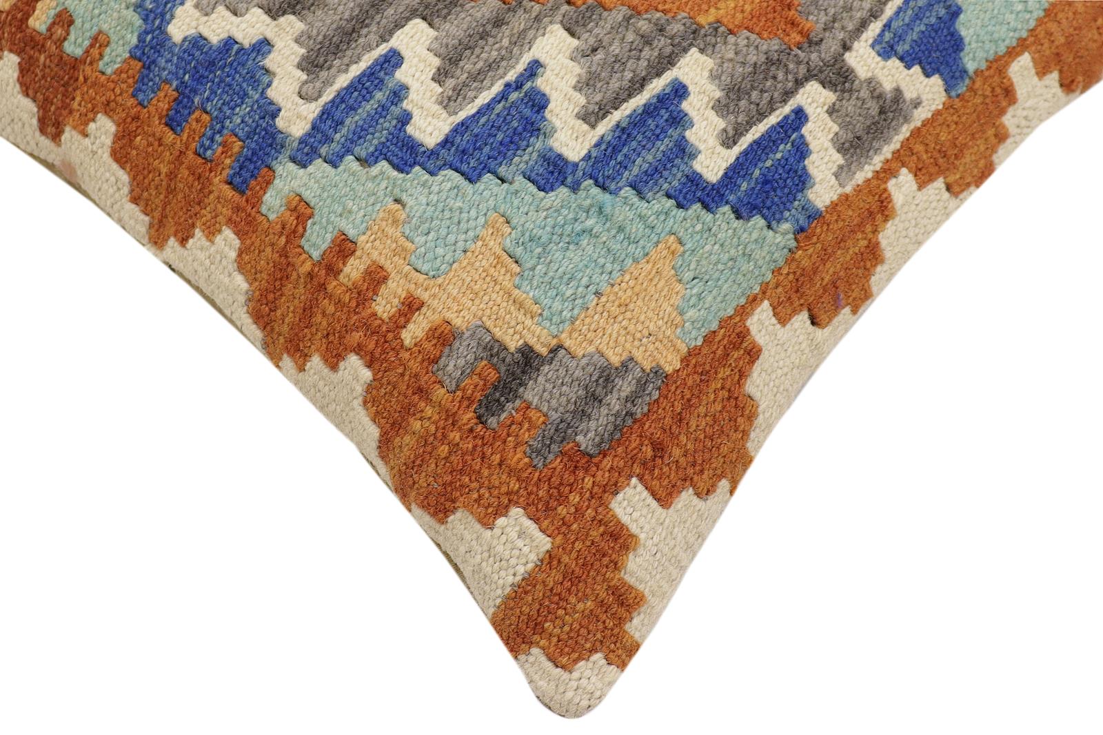 handmade Traditional Pillow Rust Blue Hand-Woven SQUARE 100% WOOL  Hand woven turkish pillow  2 x 2