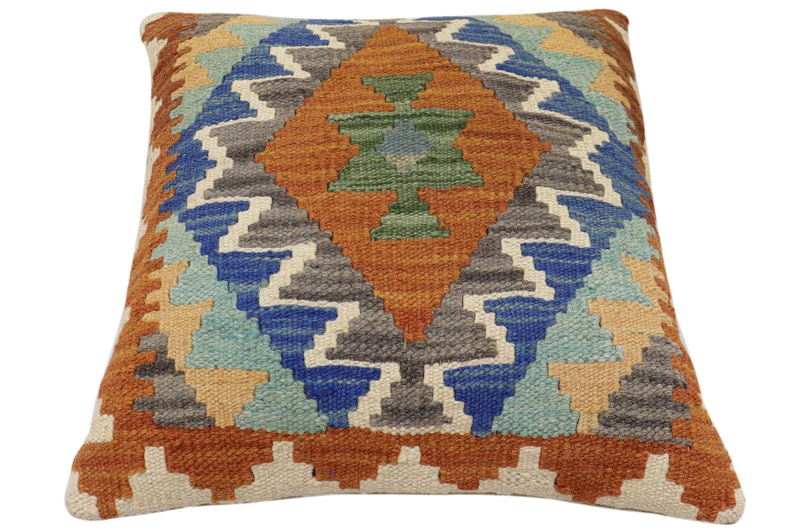 handmade Traditional Pillow Rust Blue Hand-Woven SQUARE 100% WOOL  Hand woven turkish pillow  2 x 2