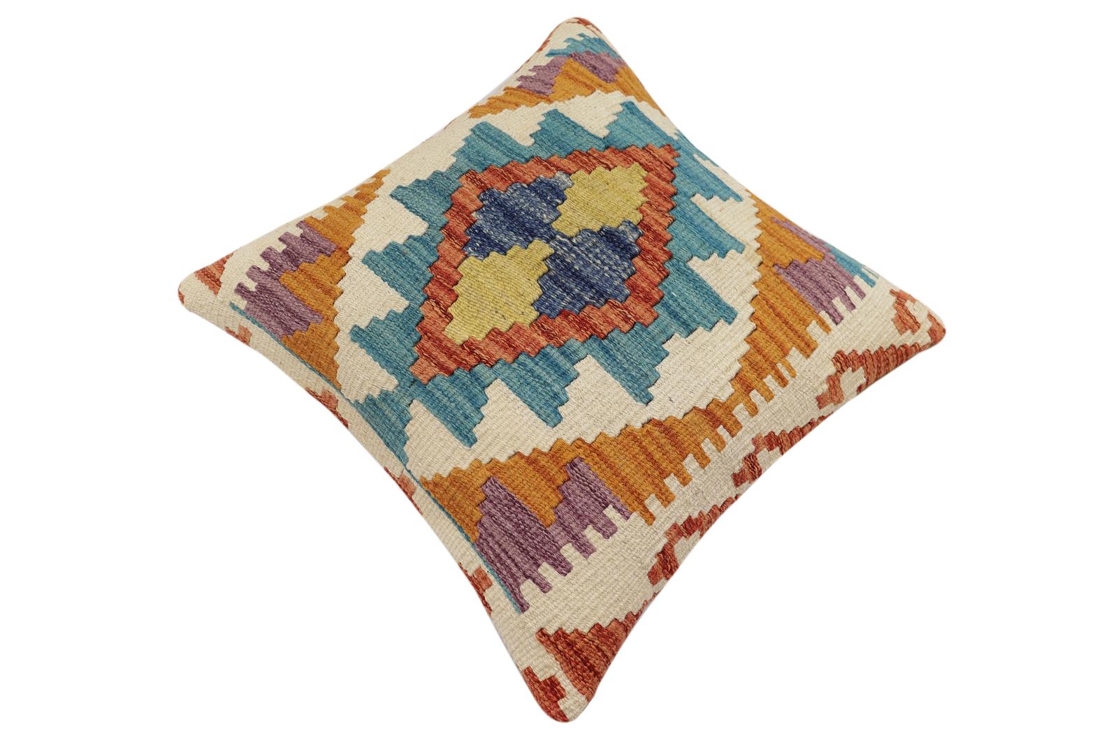 handmade Traditional Pillow Rust Blue Hand-Woven SQUARE 100% WOOL Hand woven turkish pillow2' x 2'