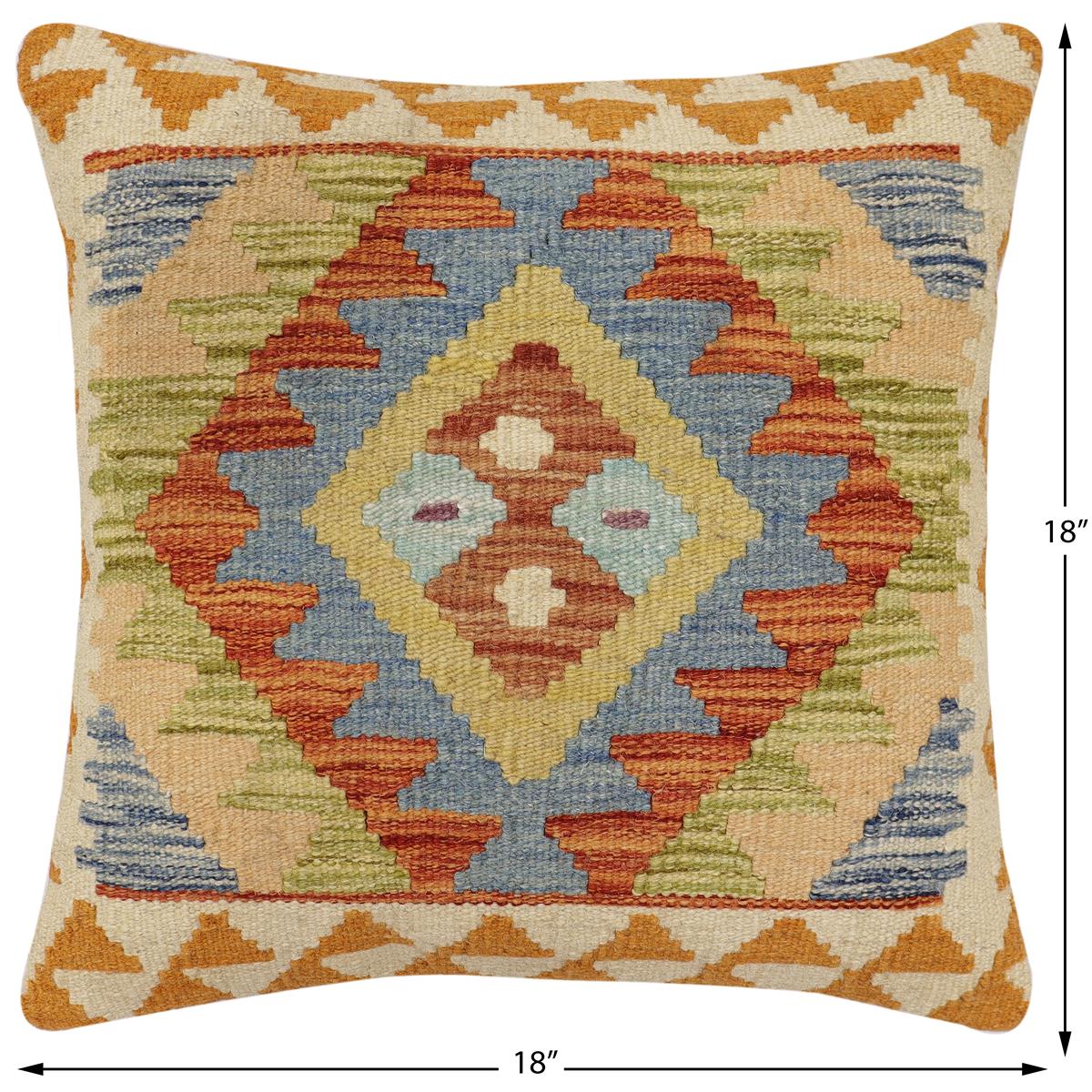 handmade Traditional Pillow Rust Blue Hand-Woven SQUARE 100% WOOL Hand woven turkish pillow2' x 2'