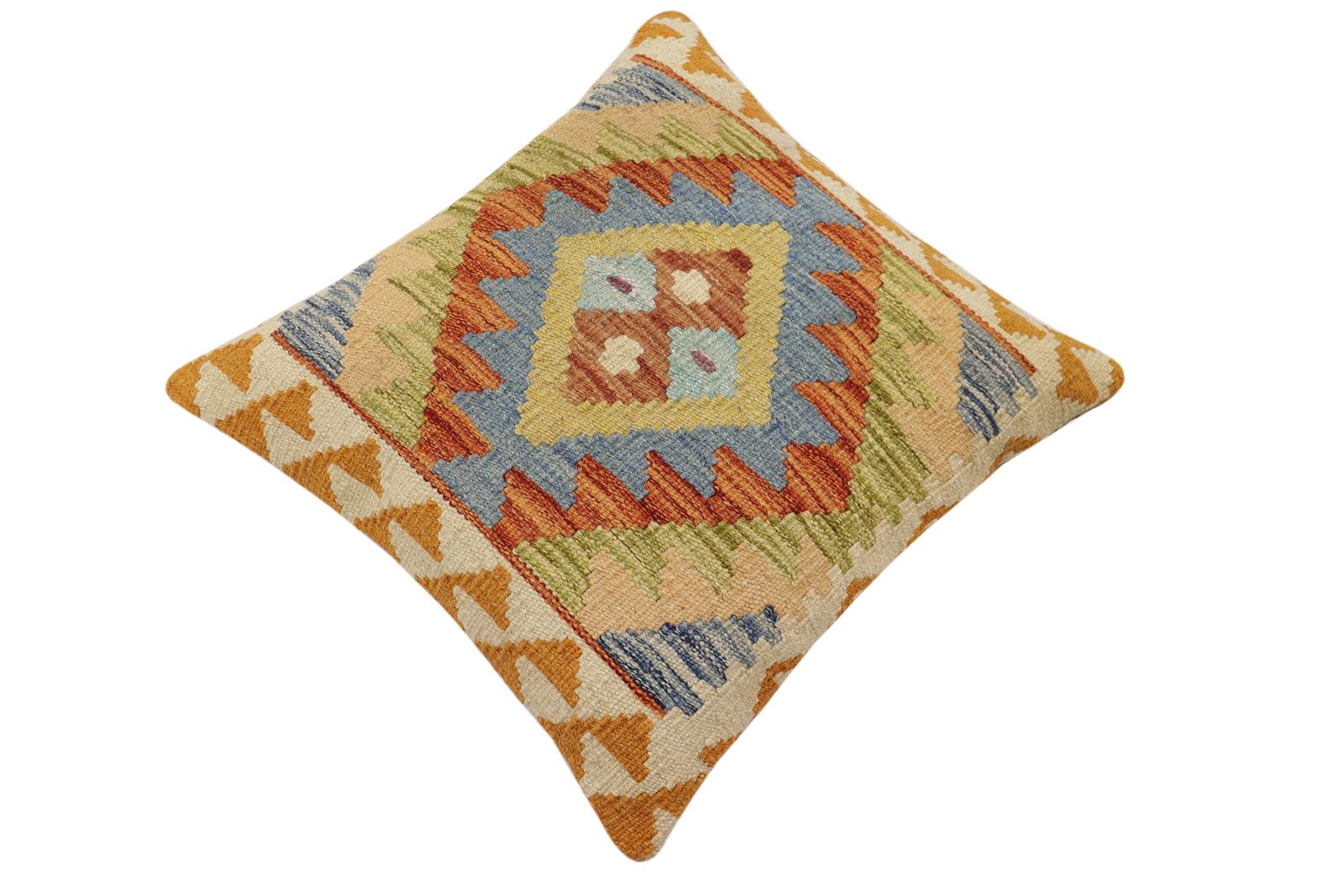 handmade Traditional Pillow Rust Blue Hand-Woven SQUARE 100% WOOL Hand woven turkish pillow2' x 2'
