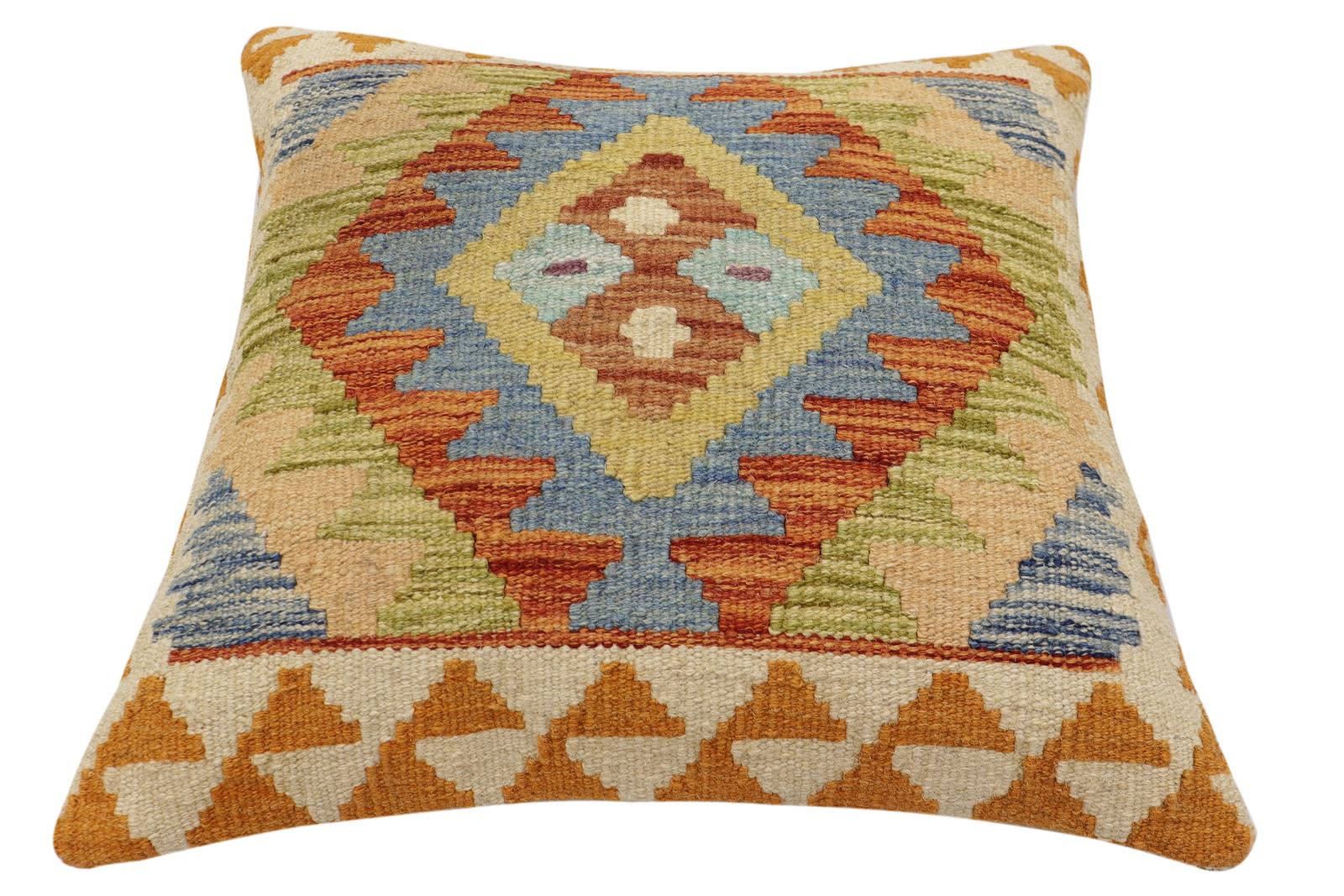 handmade Traditional Pillow Rust Blue Hand-Woven SQUARE 100% WOOL Hand woven turkish pillow2' x 2'
