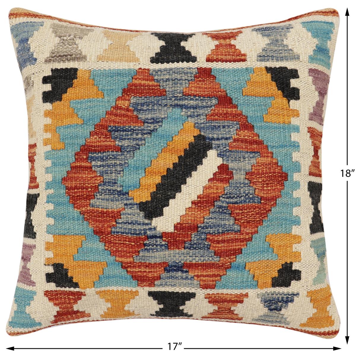 handmade Traditional Pillow Rust Blue Hand-Woven SQUARE 100% WOOL  Hand woven turkish pillow  2 x 2