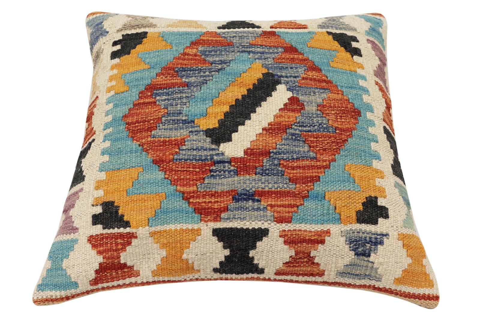 handmade Traditional Pillow Rust Blue Hand-Woven SQUARE 100% WOOL  Hand woven turkish pillow  2 x 2