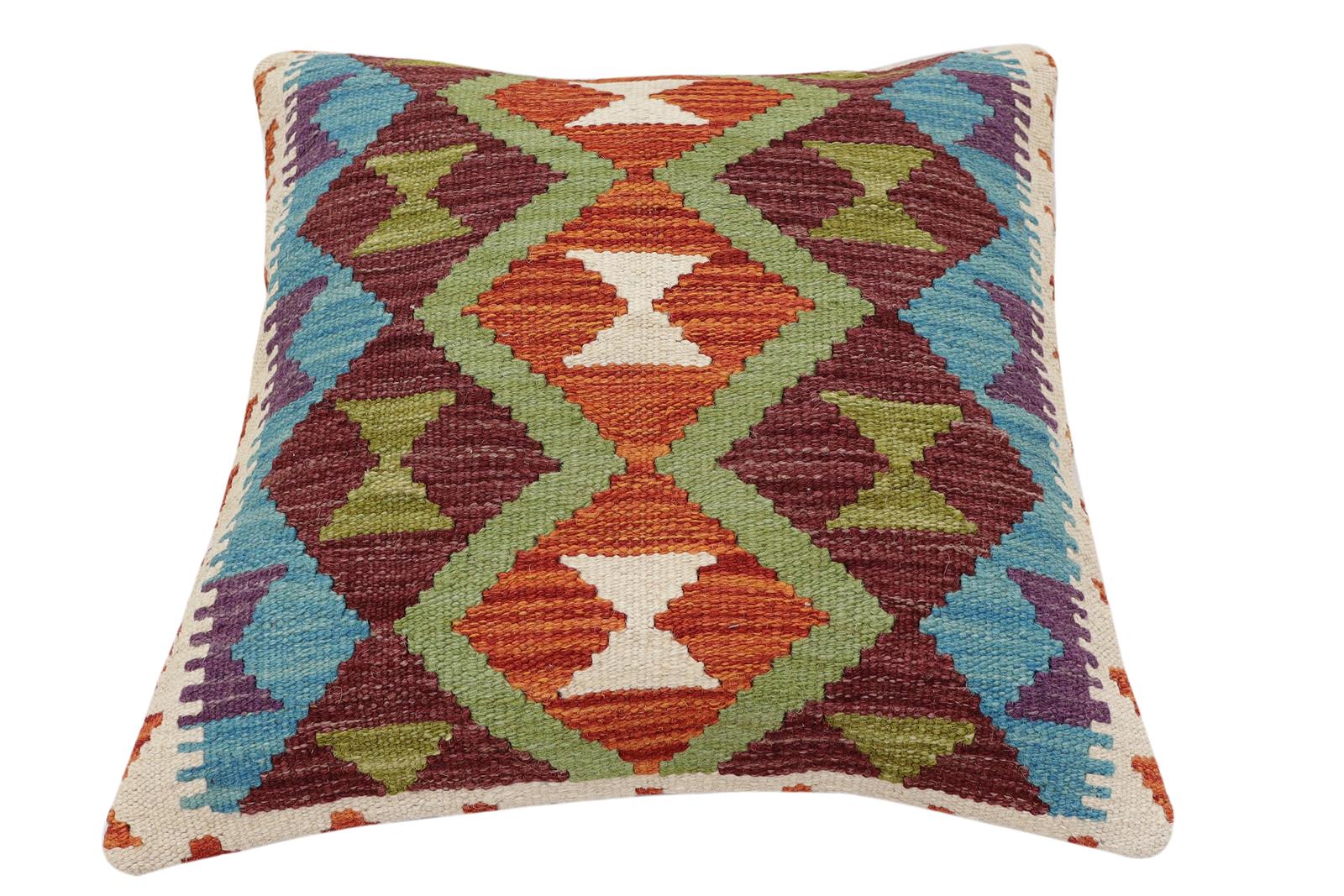 handmade Traditional Pillow Rust Blue Hand-Woven SQUARE 100% WOOL  Hand woven turkish pillow  2 x 2