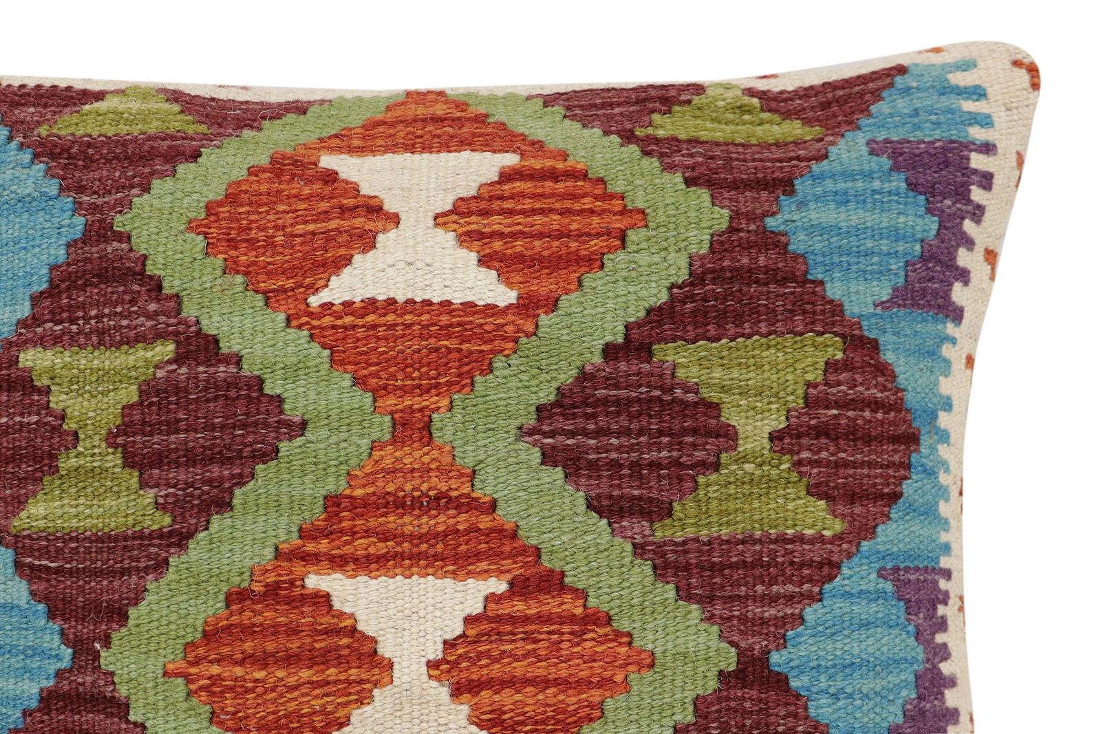 handmade Traditional Pillow Rust Blue Hand-Woven SQUARE 100% WOOL  Hand woven turkish pillow  2 x 2