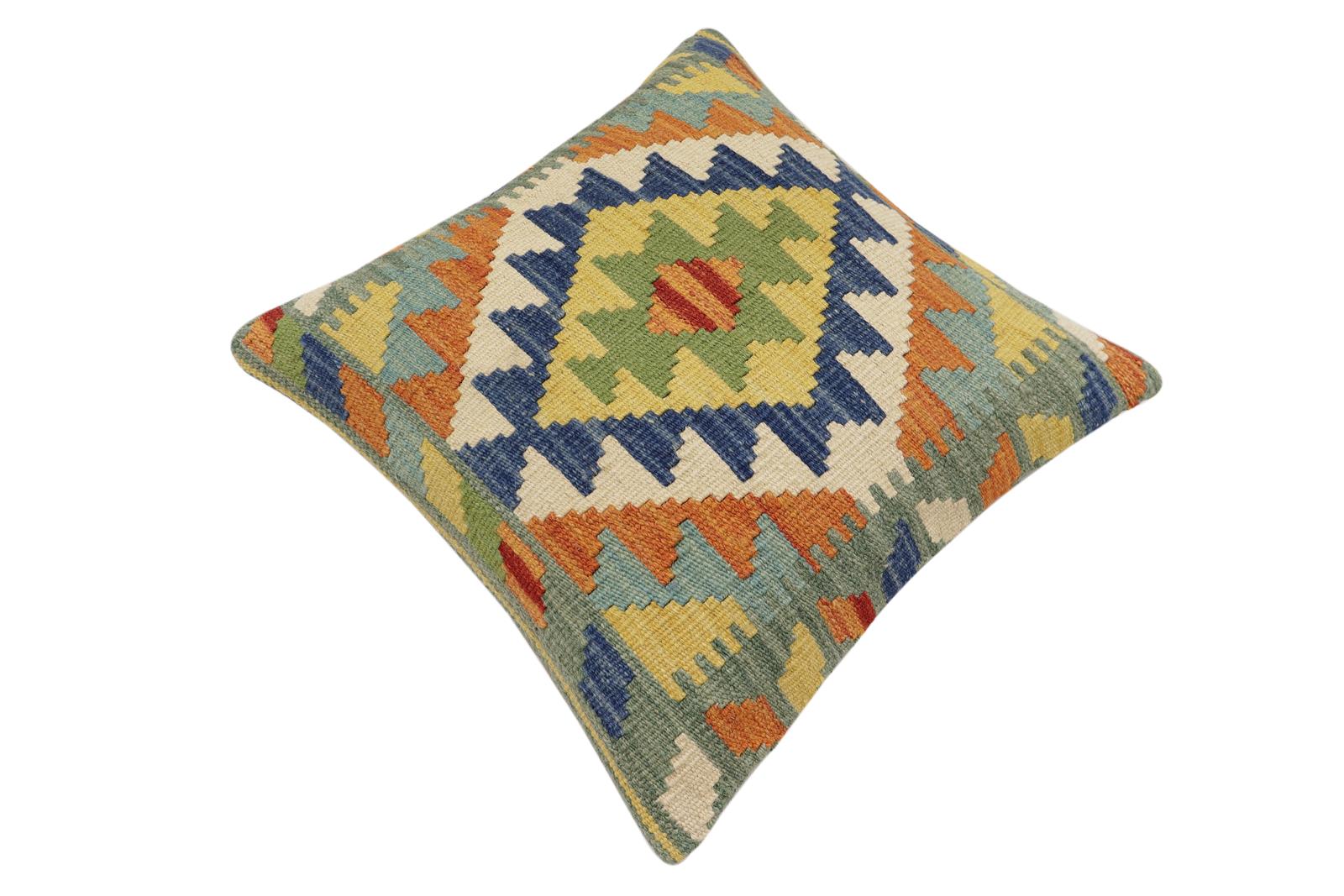 handmade Traditional Pillow Rust Blue Hand-Woven SQUARE 100% WOOL Hand woven turkish pillow2' x 2'