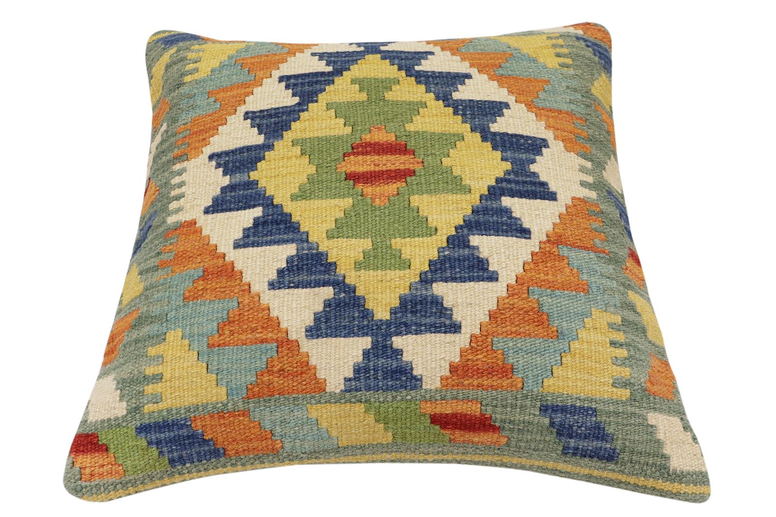 handmade Traditional Pillow Rust Blue Hand-Woven SQUARE 100% WOOL Hand woven turkish pillow2' x 2'