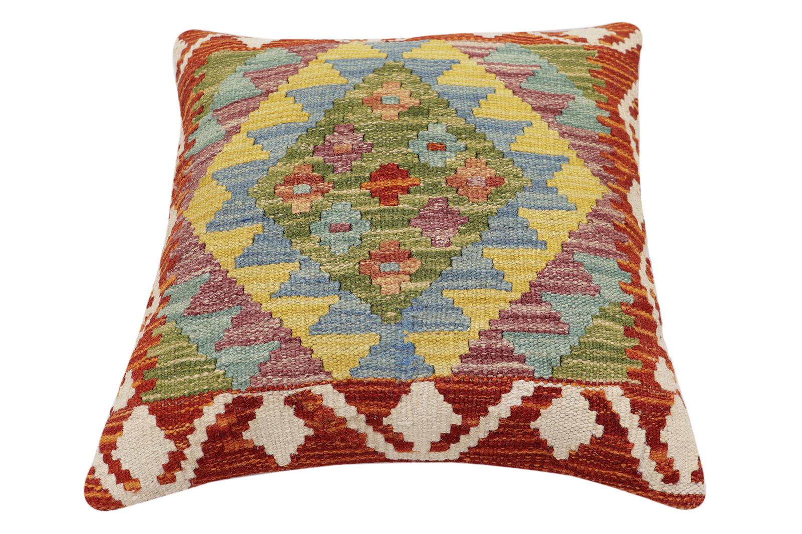 handmade Traditional Pillow Rust Blue Hand-Woven SQUARE 100% WOOL Hand woven turkish pillow2' x 2'