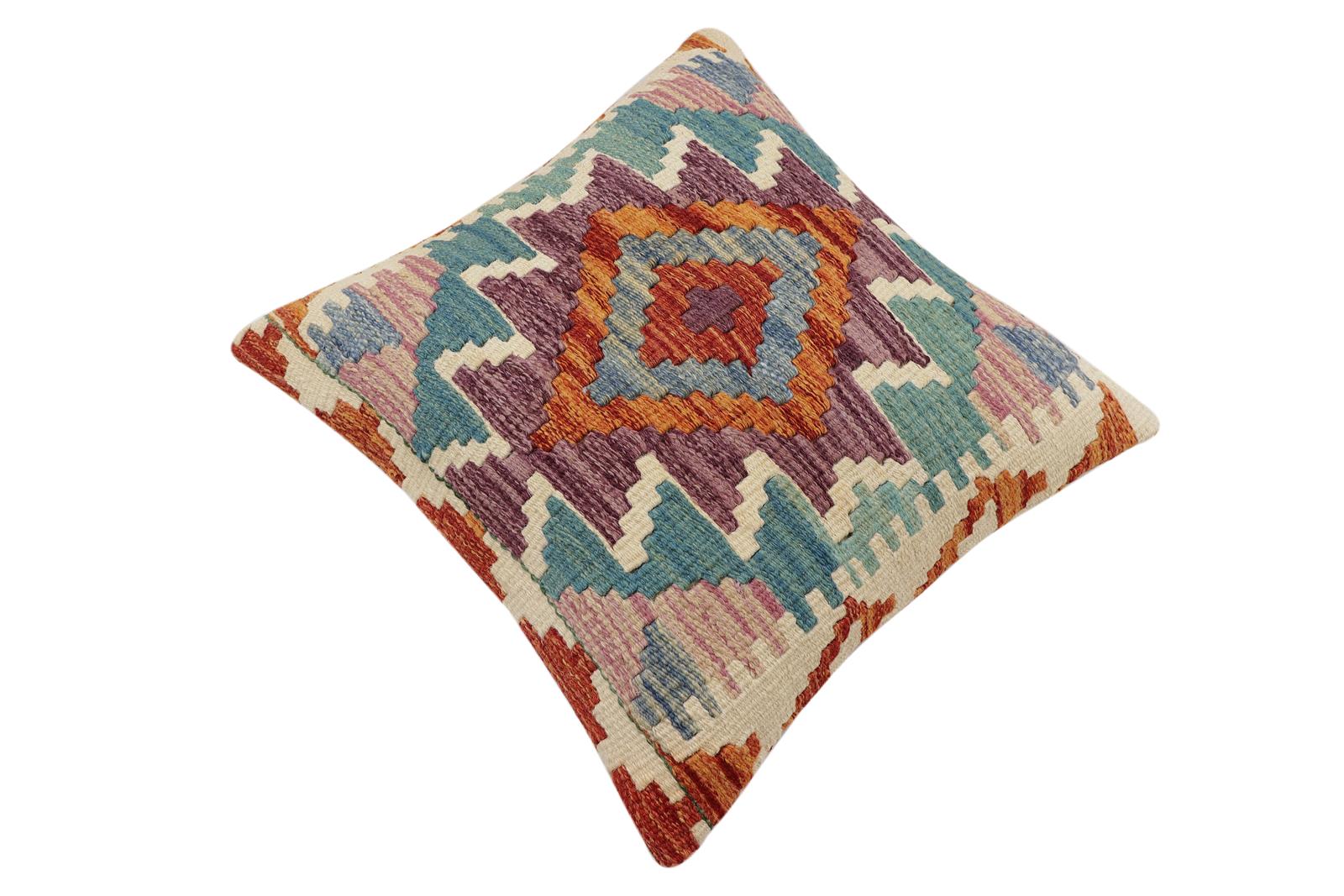 handmade Traditional Pillow Rust Blue Hand-Woven SQUARE 100% WOOL Hand woven turkish pillow2' x 2'