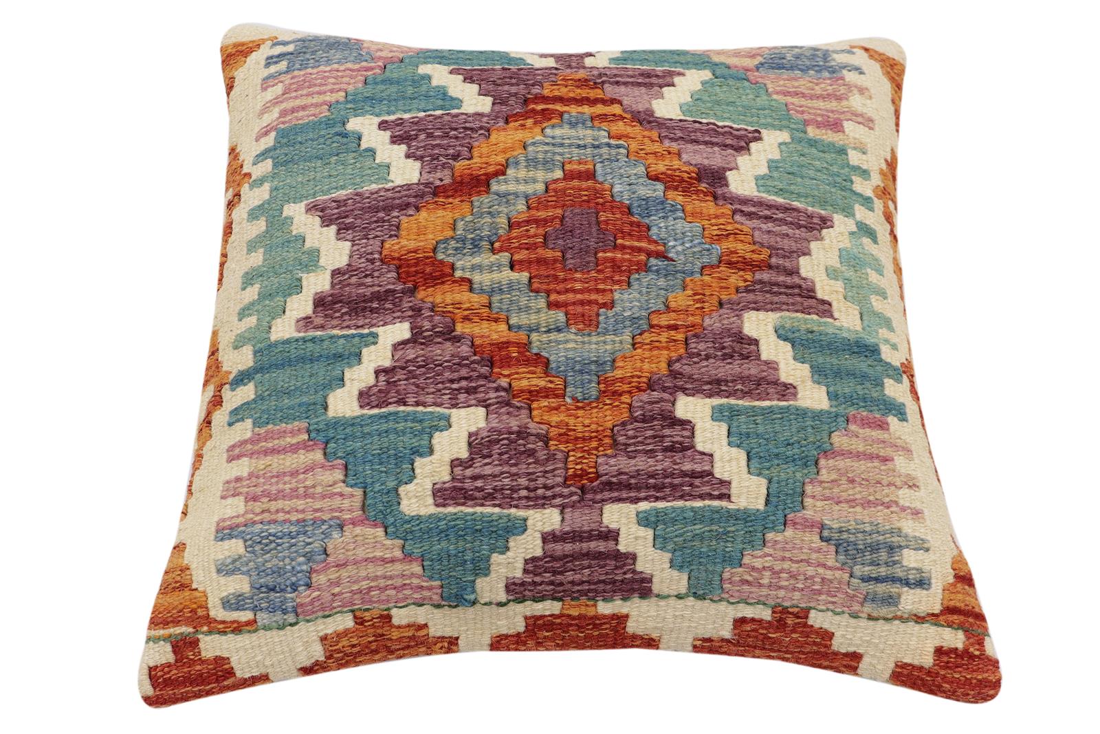 handmade Traditional Pillow Rust Blue Hand-Woven SQUARE 100% WOOL Hand woven turkish pillow2' x 2'