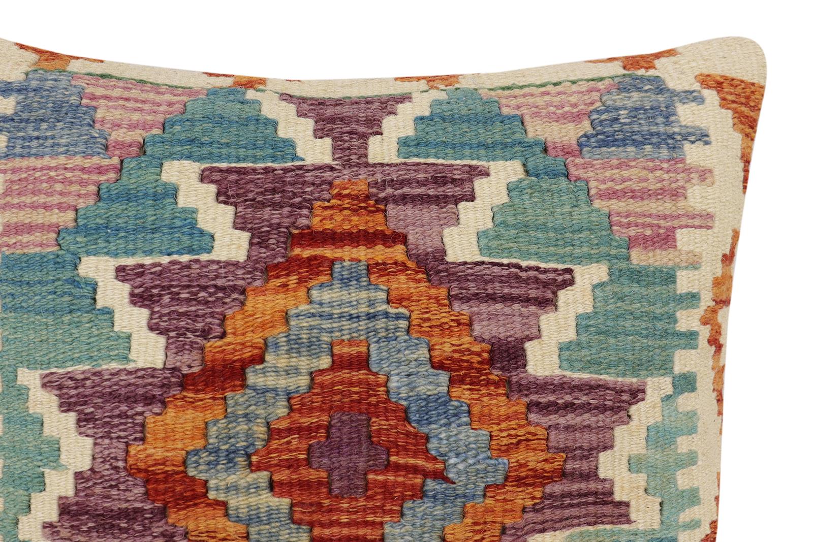 handmade Traditional Pillow Rust Blue Hand-Woven SQUARE 100% WOOL Hand woven turkish pillow2' x 2'