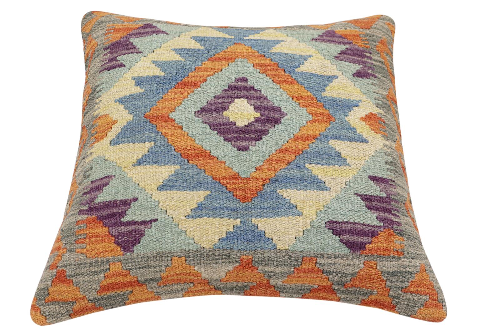 handmade Traditional Pillow Rust Blue Hand-Woven SQUARE 100% WOOL  Hand woven turkish pillow  2 x 2