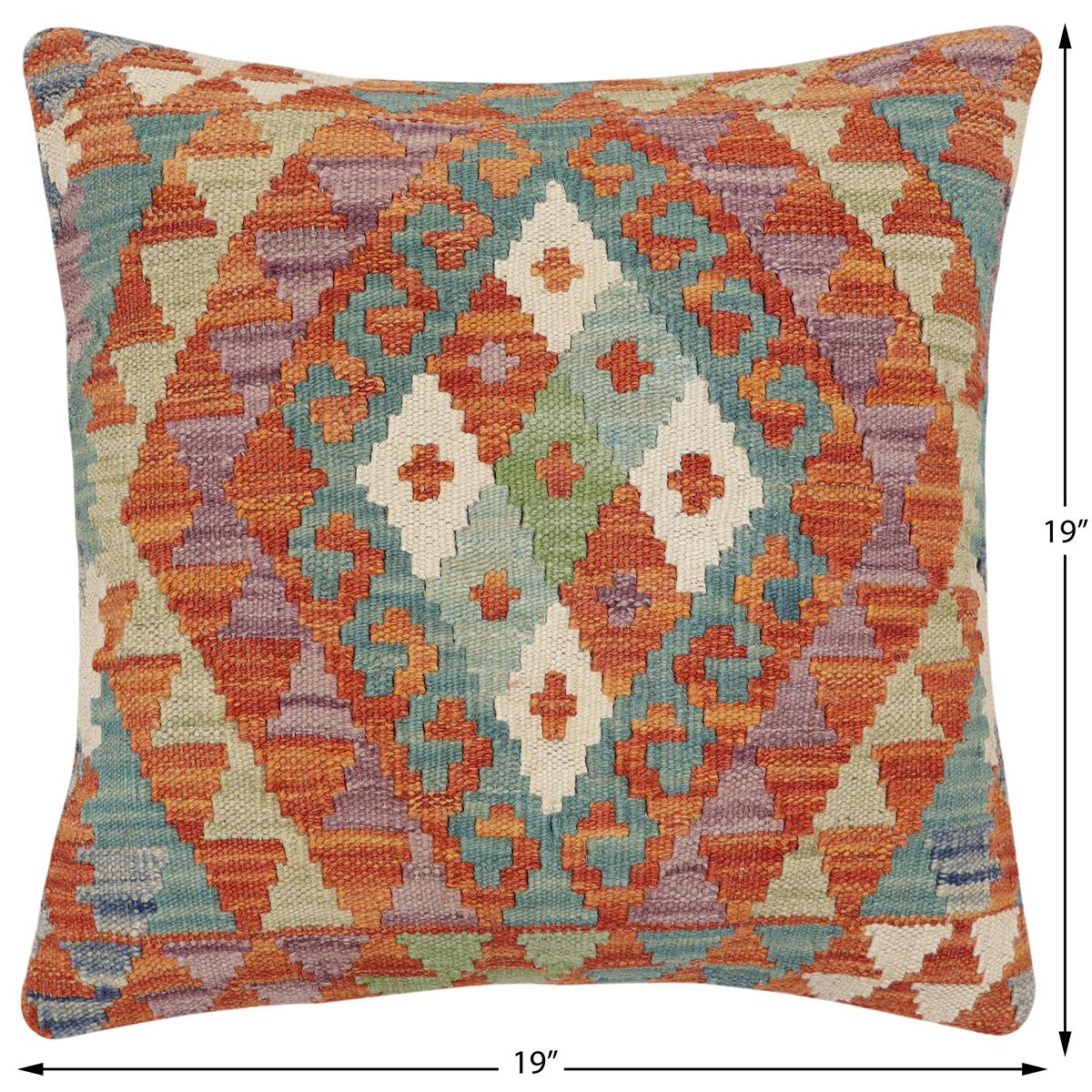 handmade Traditional Pillow Rust Blue Hand-Woven SQUARE 100% WOOL  Hand woven turkish pillow  2 x 2