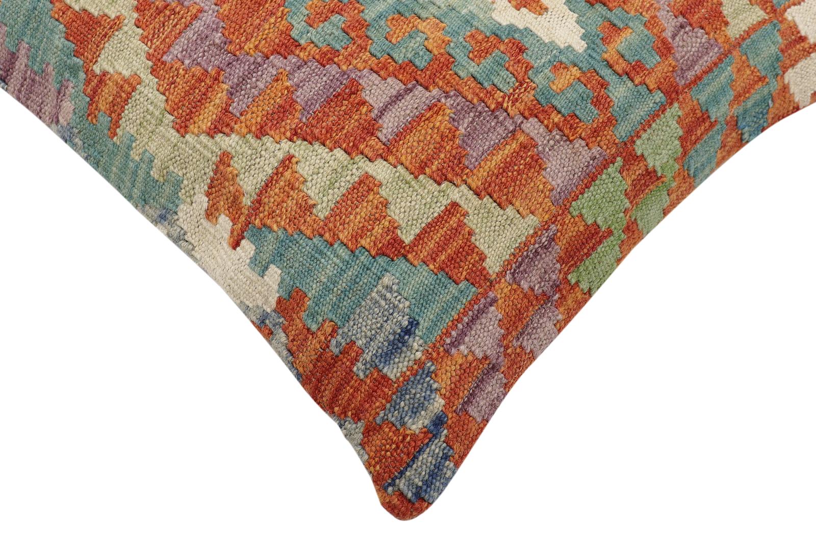 handmade Traditional Pillow Rust Blue Hand-Woven SQUARE 100% WOOL  Hand woven turkish pillow  2 x 2