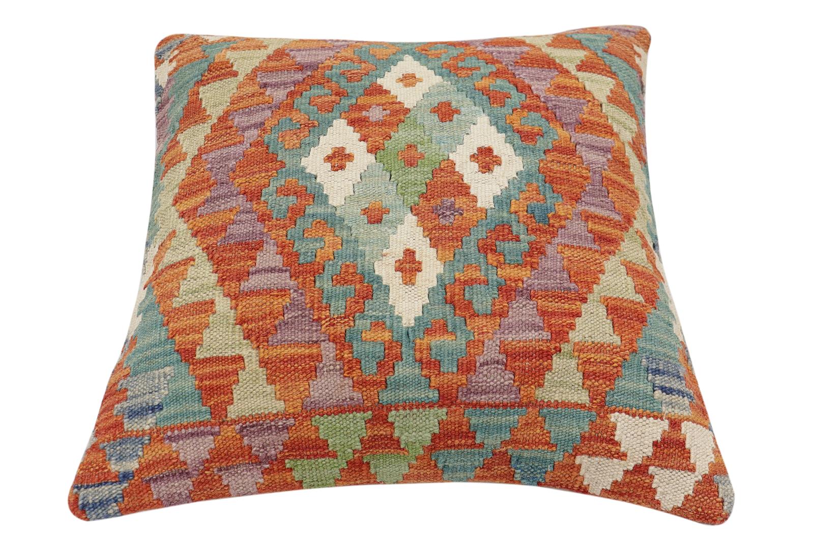 handmade Traditional Pillow Rust Blue Hand-Woven SQUARE 100% WOOL  Hand woven turkish pillow  2 x 2