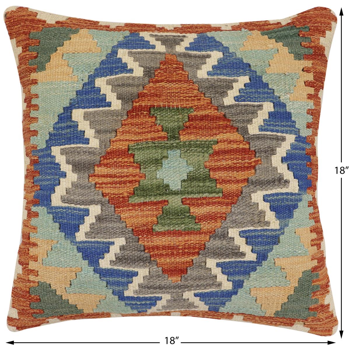 handmade Traditional Pillow Rust Blue Hand-Woven SQUARE 100% WOOL Hand woven turkish pillow2' x 2'