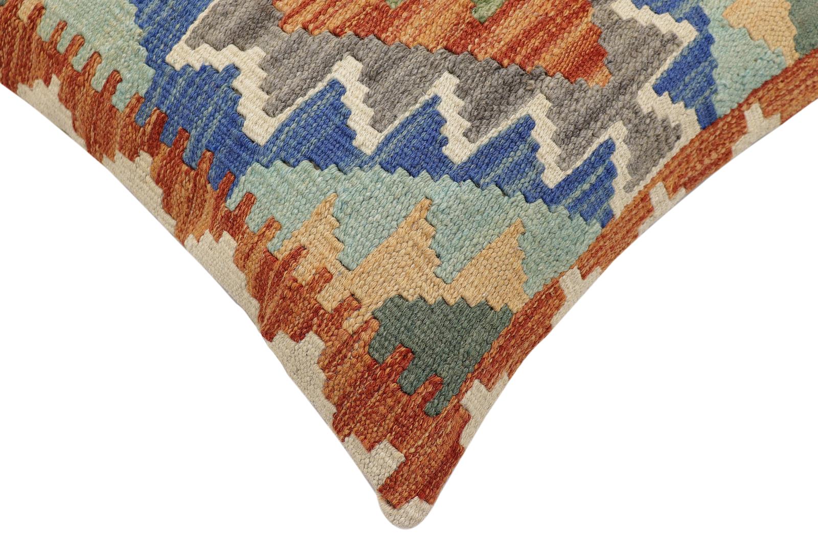 handmade Traditional Pillow Rust Blue Hand-Woven SQUARE 100% WOOL Hand woven turkish pillow2' x 2'