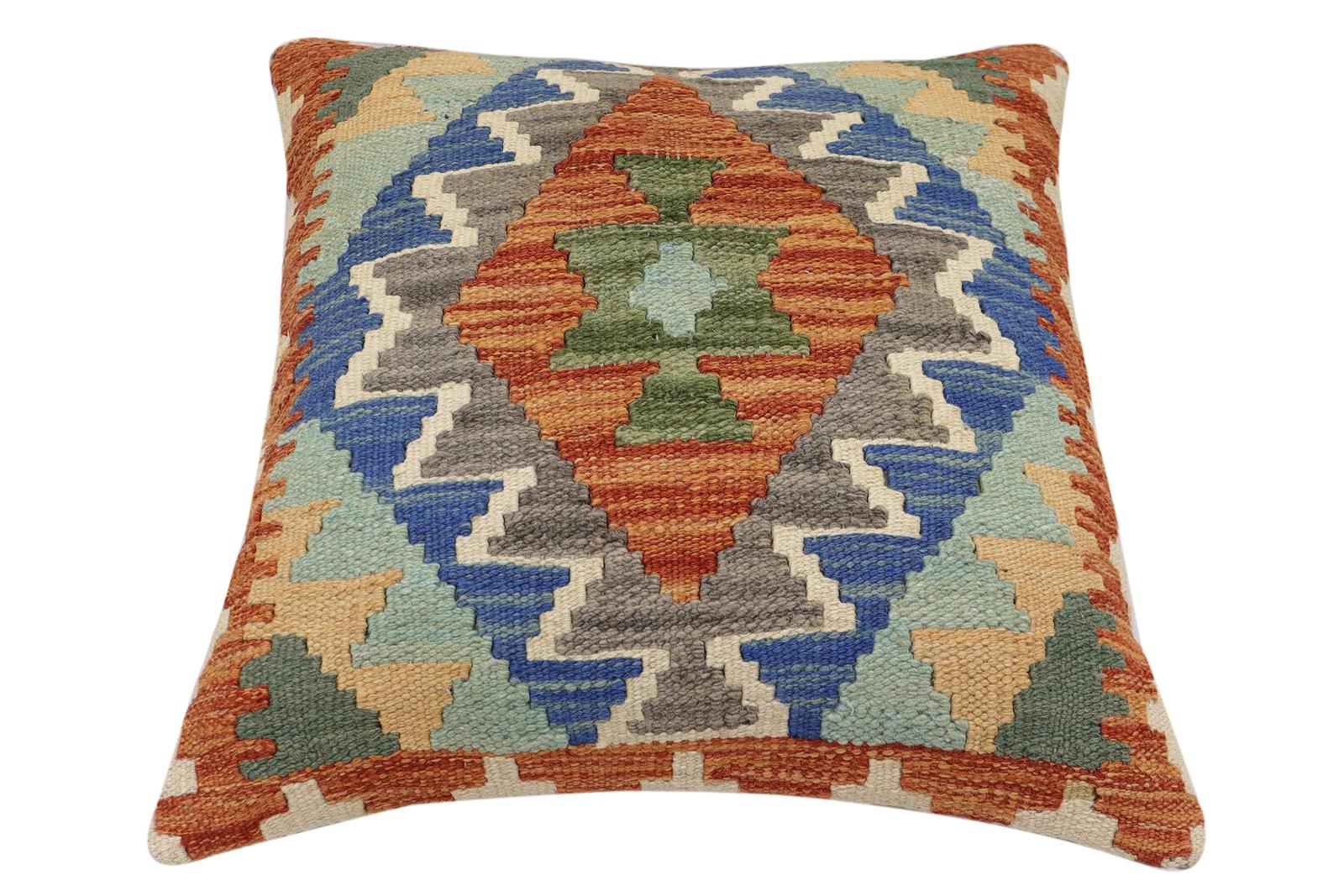 handmade Traditional Pillow Rust Blue Hand-Woven SQUARE 100% WOOL Hand woven turkish pillow2' x 2'