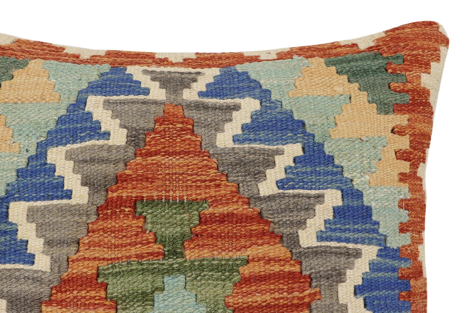 handmade Traditional Pillow Rust Blue Hand-Woven SQUARE 100% WOOL Hand woven turkish pillow2' x 2'