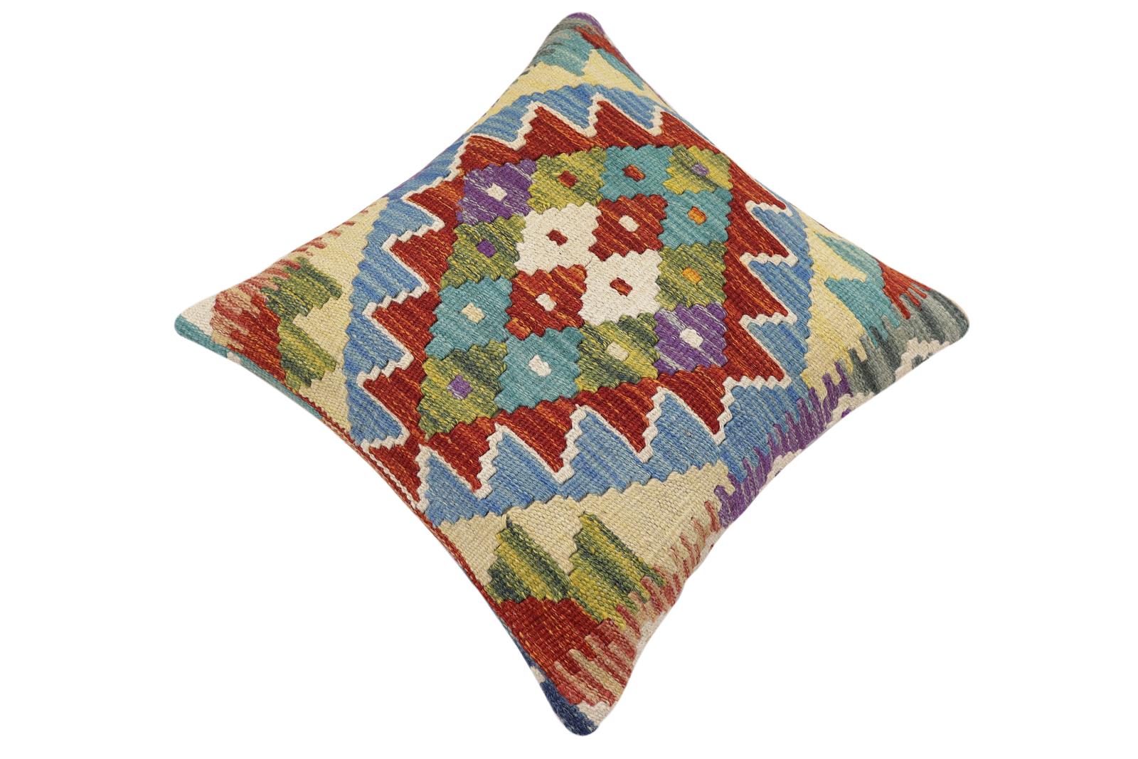 handmade Traditional Pillow Rust Blue Hand-Woven SQUARE 100% WOOL Hand woven turkish pillow2' x 2'