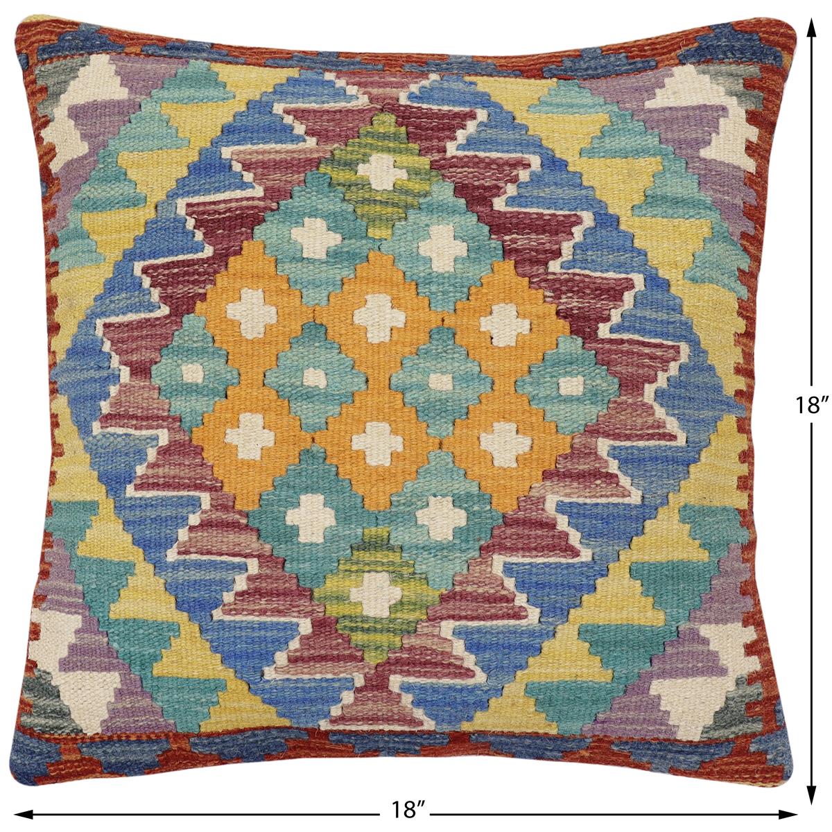 handmade Traditional Pillow Rust Blue Hand-Woven SQUARE 100% WOOL Hand woven turkish pillow2' x 2'