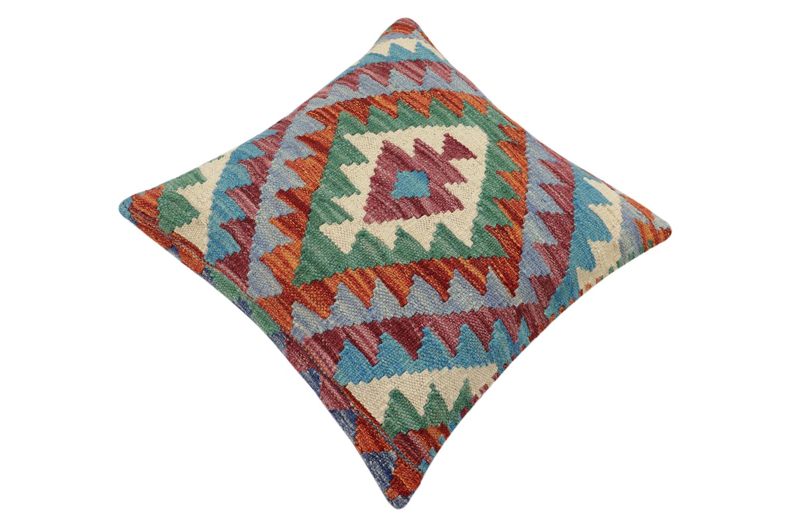 handmade Traditional Pillow Rust Blue Hand-Woven SQUARE 100% WOOL Hand woven turkish pillow2' x 2'