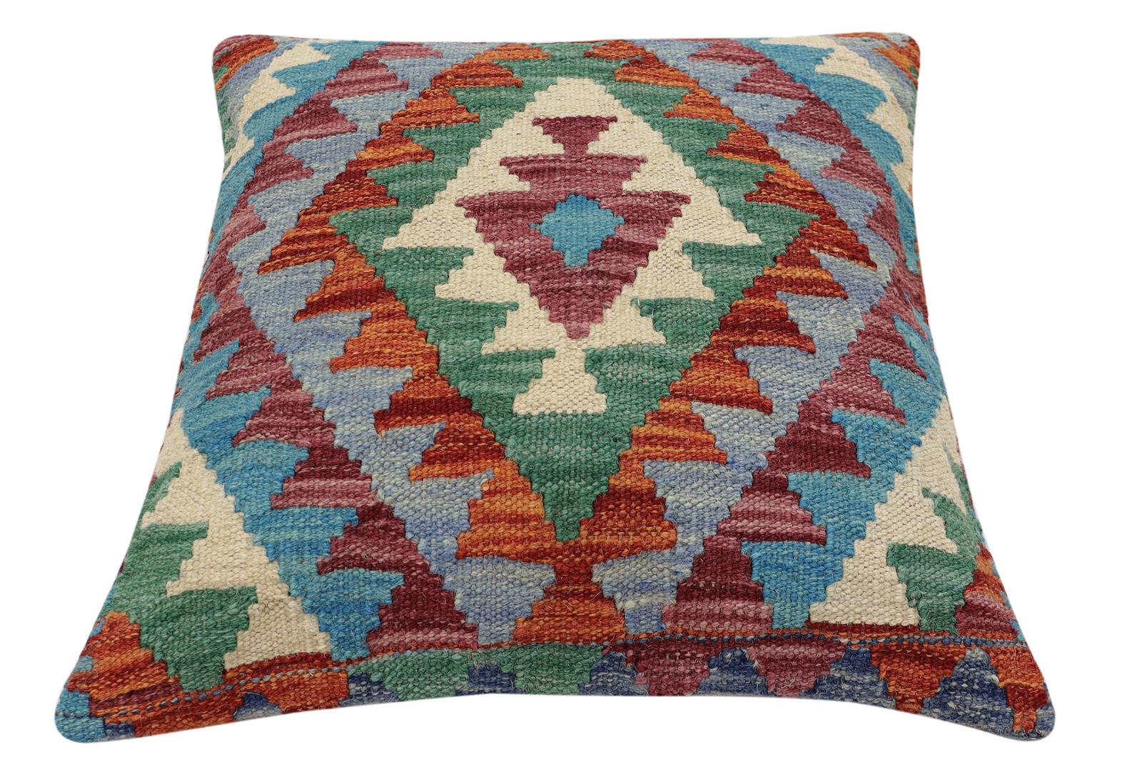 handmade Traditional Pillow Rust Blue Hand-Woven SQUARE 100% WOOL Hand woven turkish pillow2' x 2'