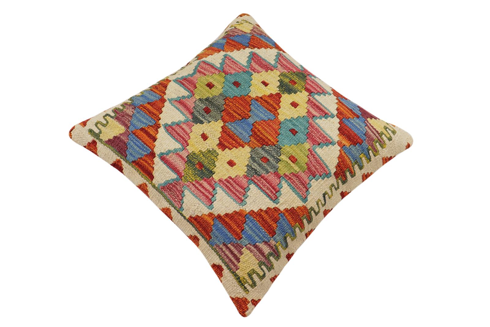 handmade Traditional Pillow Rust Blue Hand-Woven SQUARE 100% WOOL Hand woven turkish pillow2' x 2'