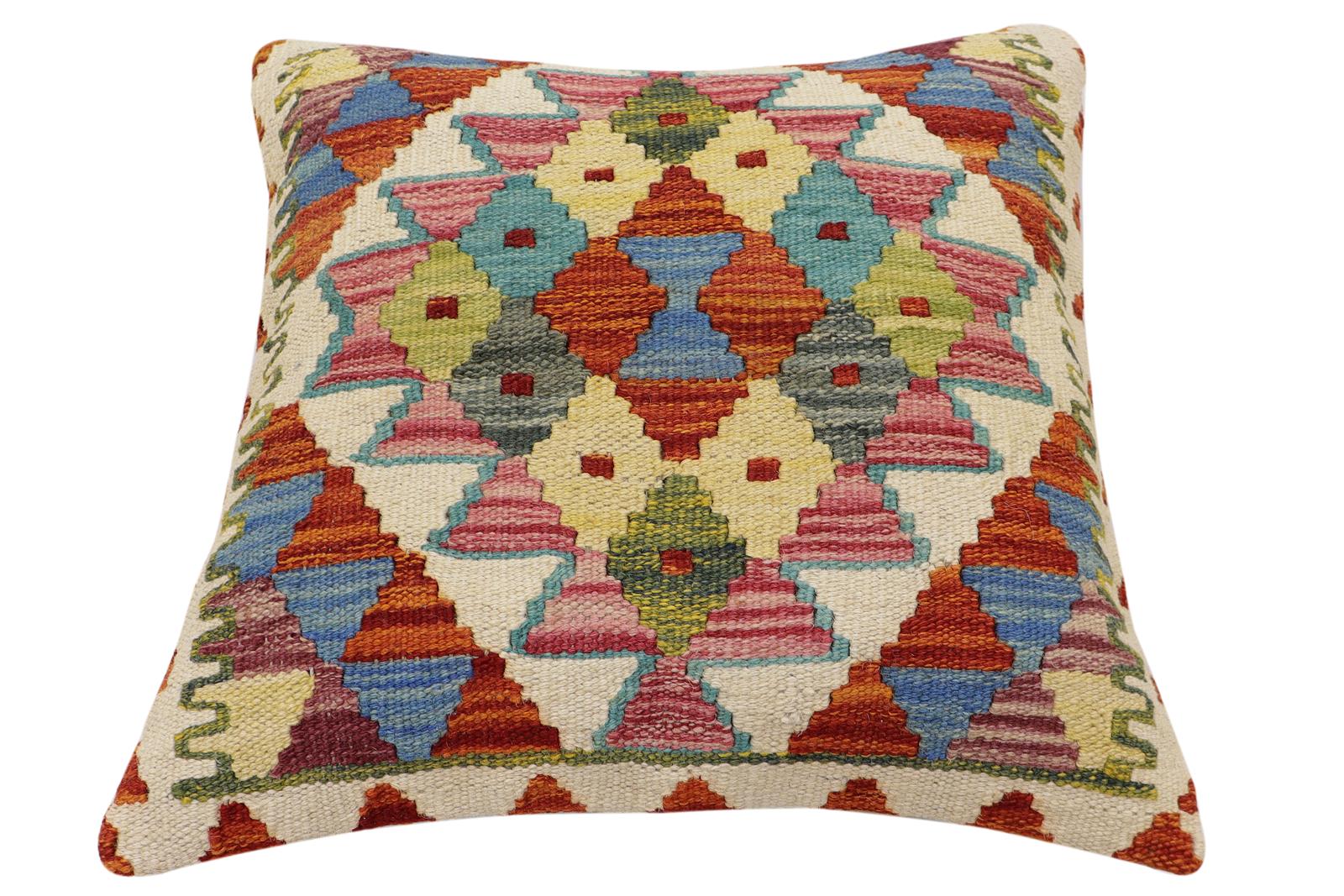 handmade Traditional Pillow Rust Blue Hand-Woven SQUARE 100% WOOL Hand woven turkish pillow2' x 2'