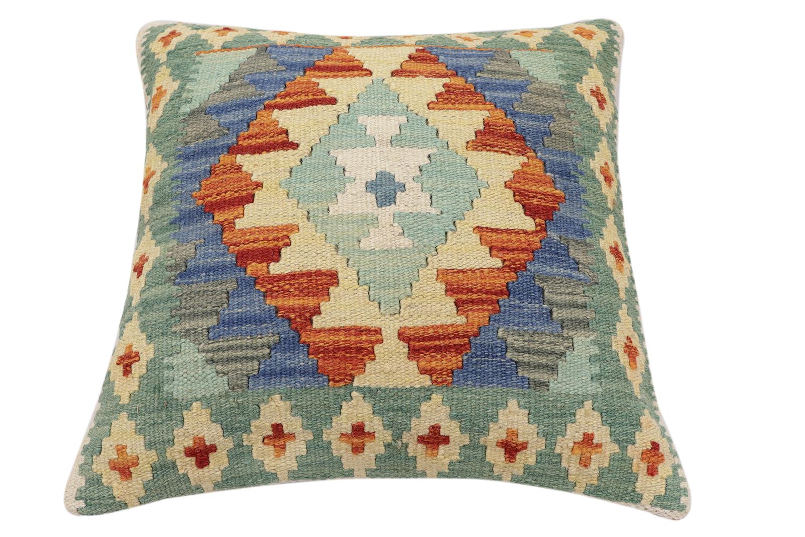 handmade Traditional Pillow Rust Blue Hand-Woven SQUARE 100% WOOL Hand woven turkish pillow2' x 2'