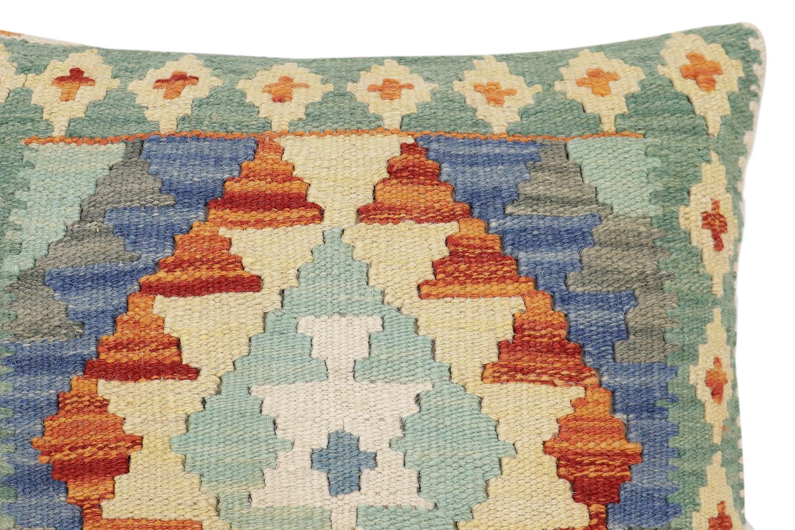 handmade Traditional Pillow Rust Blue Hand-Woven SQUARE 100% WOOL Hand woven turkish pillow2' x 2'