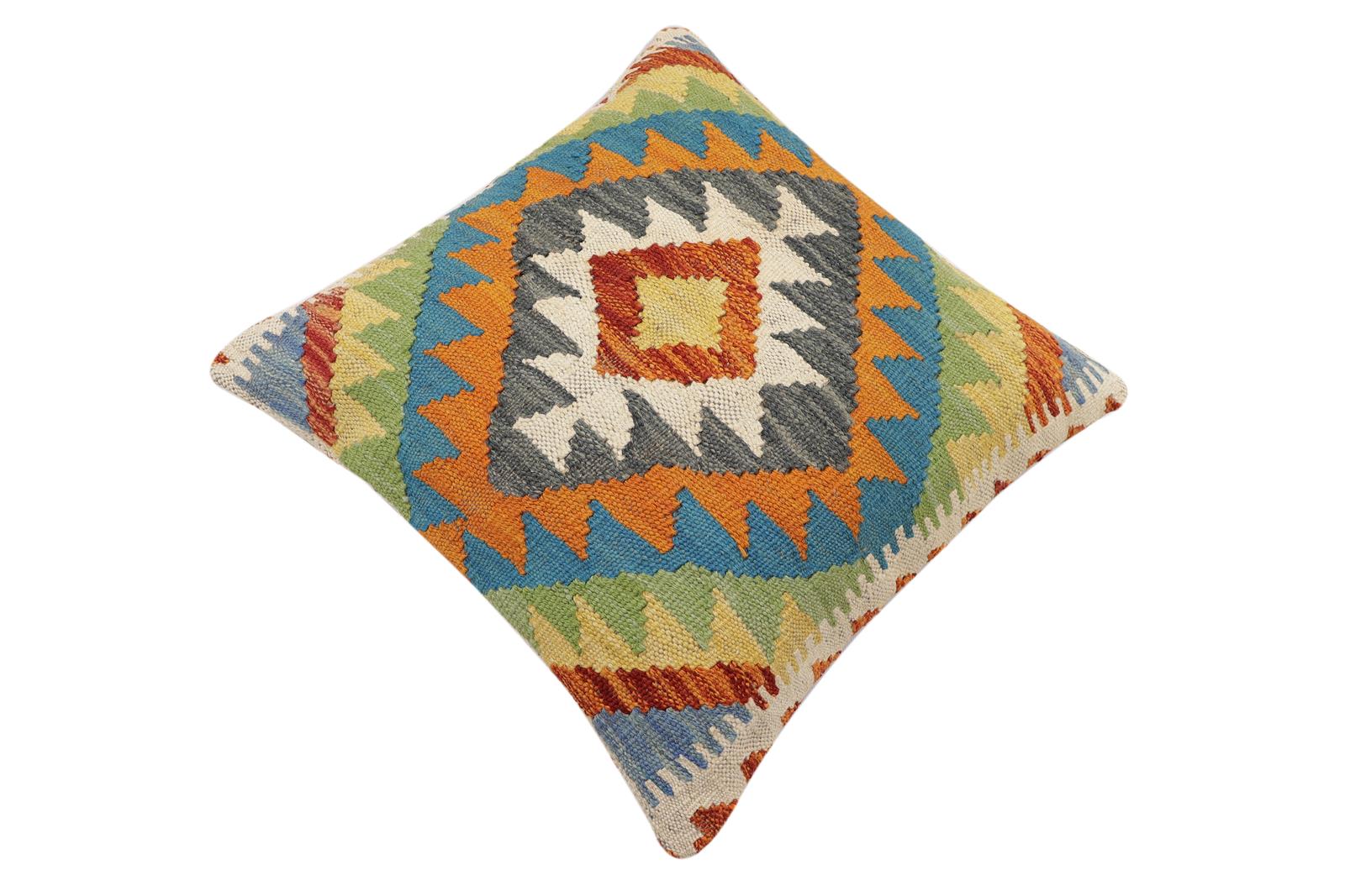 handmade Traditional Pillow Rust Blue Hand-Woven SQUARE 100% WOOL Hand woven turkish pillow2' x 2'