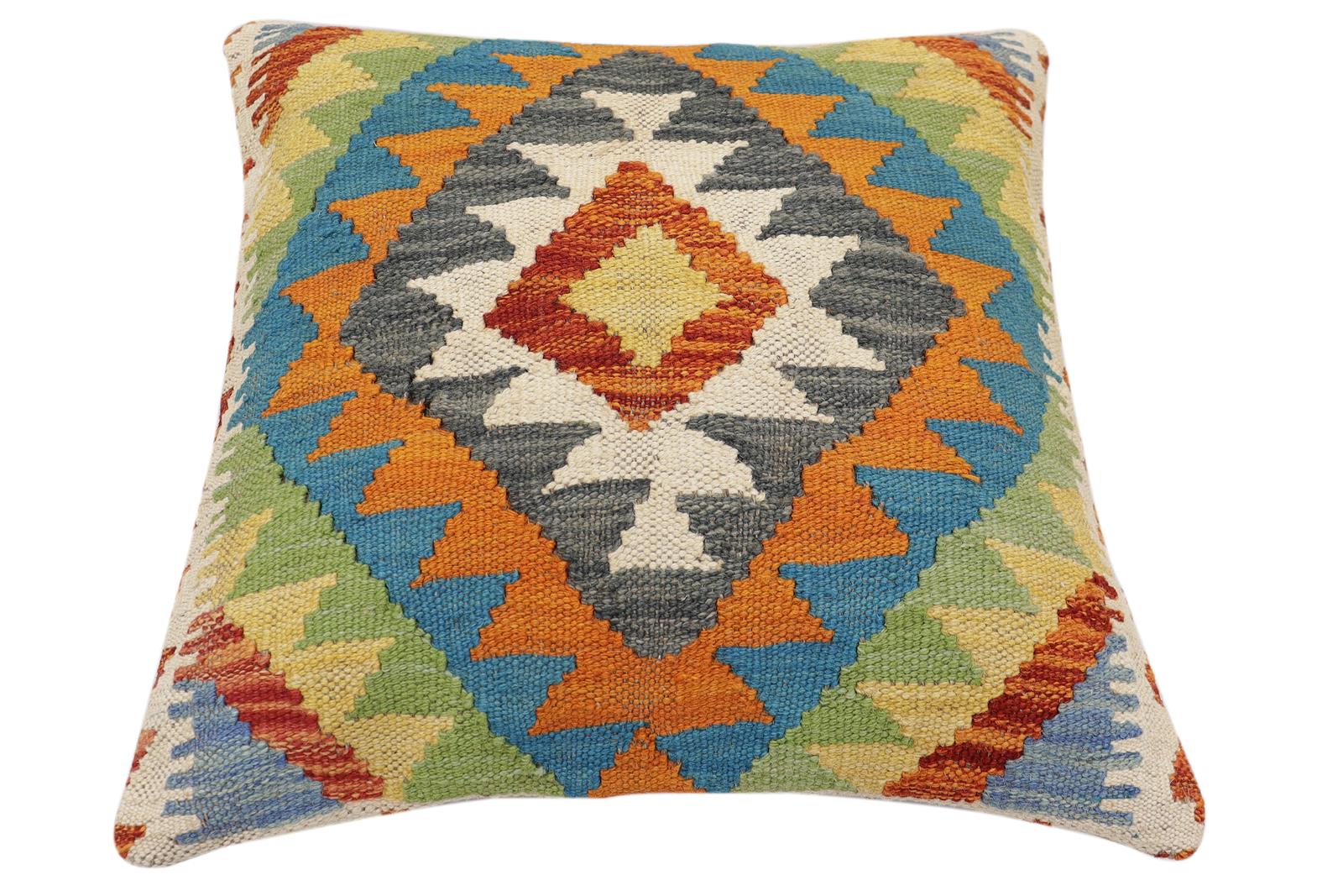 handmade Traditional Pillow Rust Blue Hand-Woven SQUARE 100% WOOL Hand woven turkish pillow2' x 2'