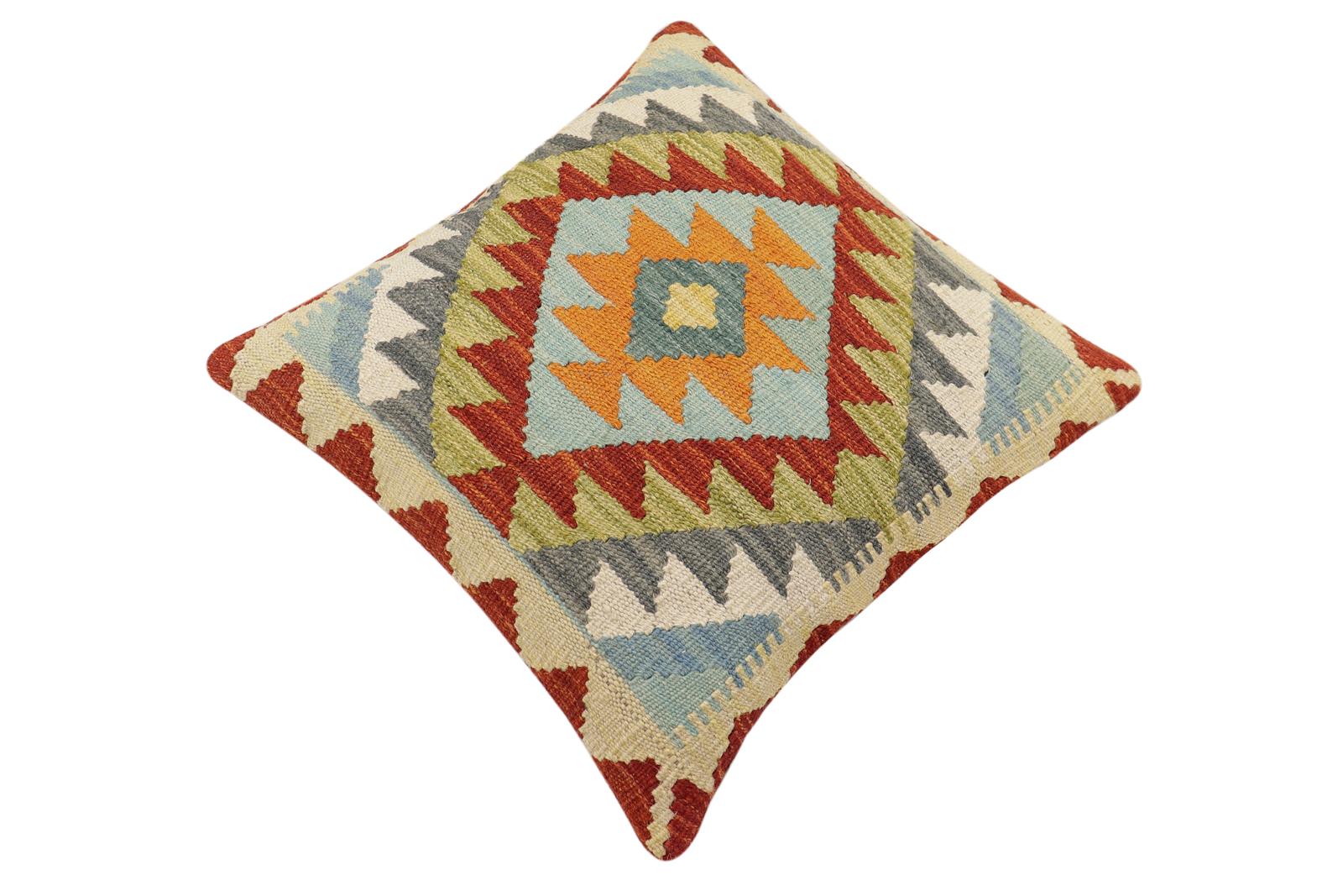 handmade Traditional Pillow Rust Blue Hand-Woven SQUARE 100% WOOL Hand woven turkish pillow2' x 2'