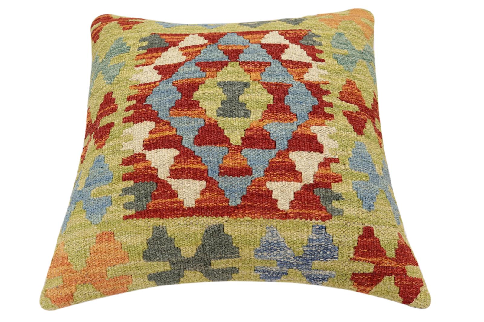 handmade Traditional Pillow Rust Blue Hand-Woven SQUARE 100% WOOL Hand woven turkish pillow2' x 2'