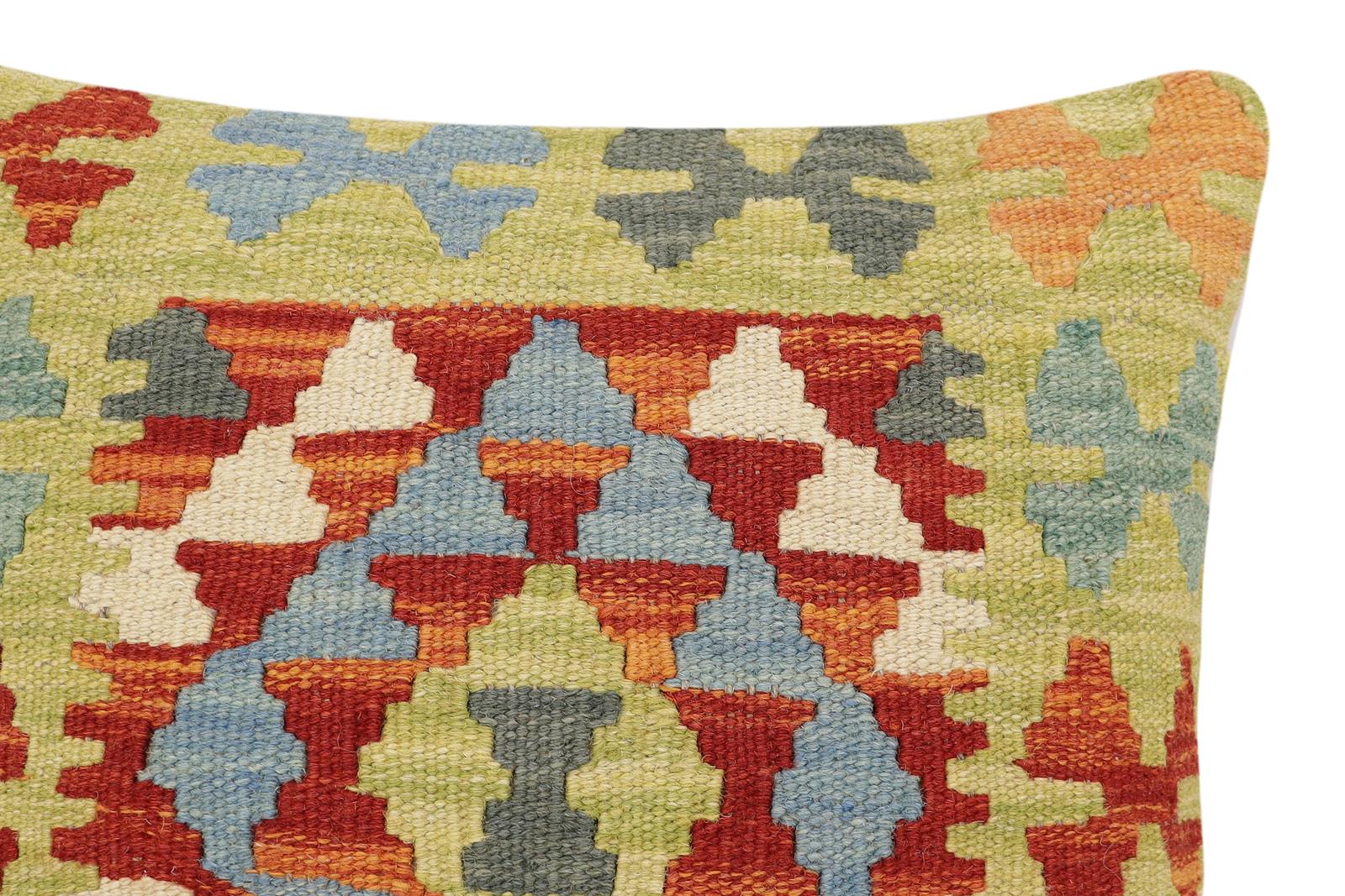 handmade Traditional Pillow Rust Blue Hand-Woven SQUARE 100% WOOL Hand woven turkish pillow2' x 2'