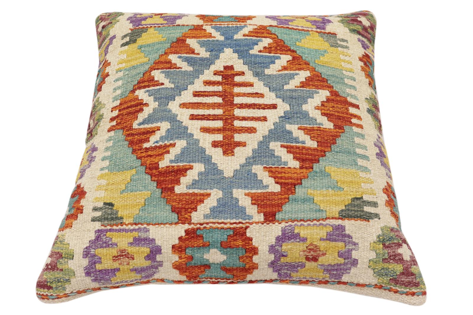 handmade Traditional Pillow Rust Blue Hand-Woven SQUARE 100% WOOL Hand woven turkish pillow2' x 2'