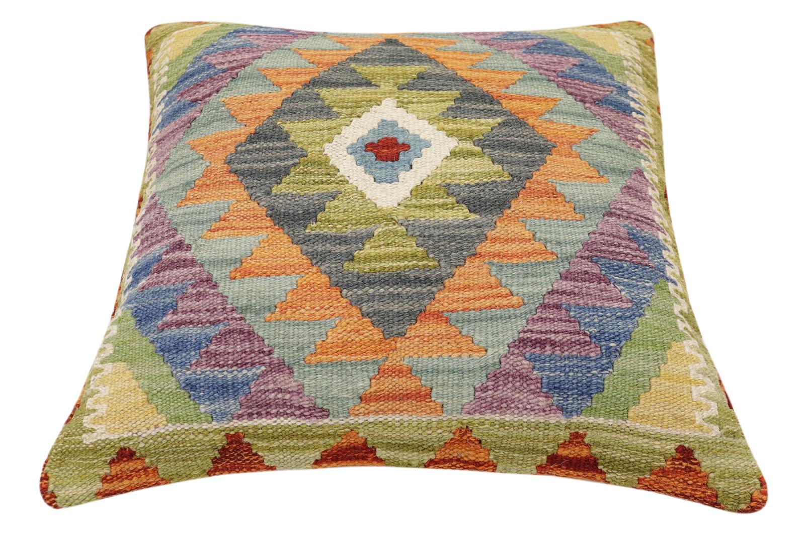 handmade Traditional Pillow Rust Blue Hand-Woven SQUARE 100% WOOL Hand woven turkish pillow2' x 2'