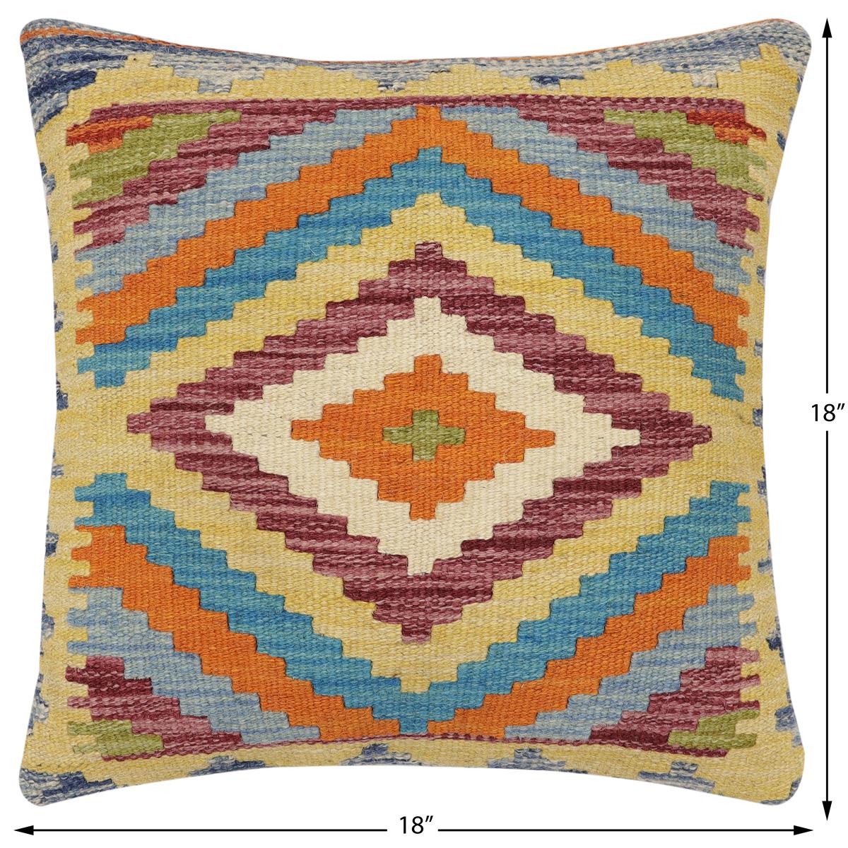 handmade Traditional Pillow Rust Blue Hand-Woven SQUARE 100% WOOL Hand woven turkish pillow2' x 2'