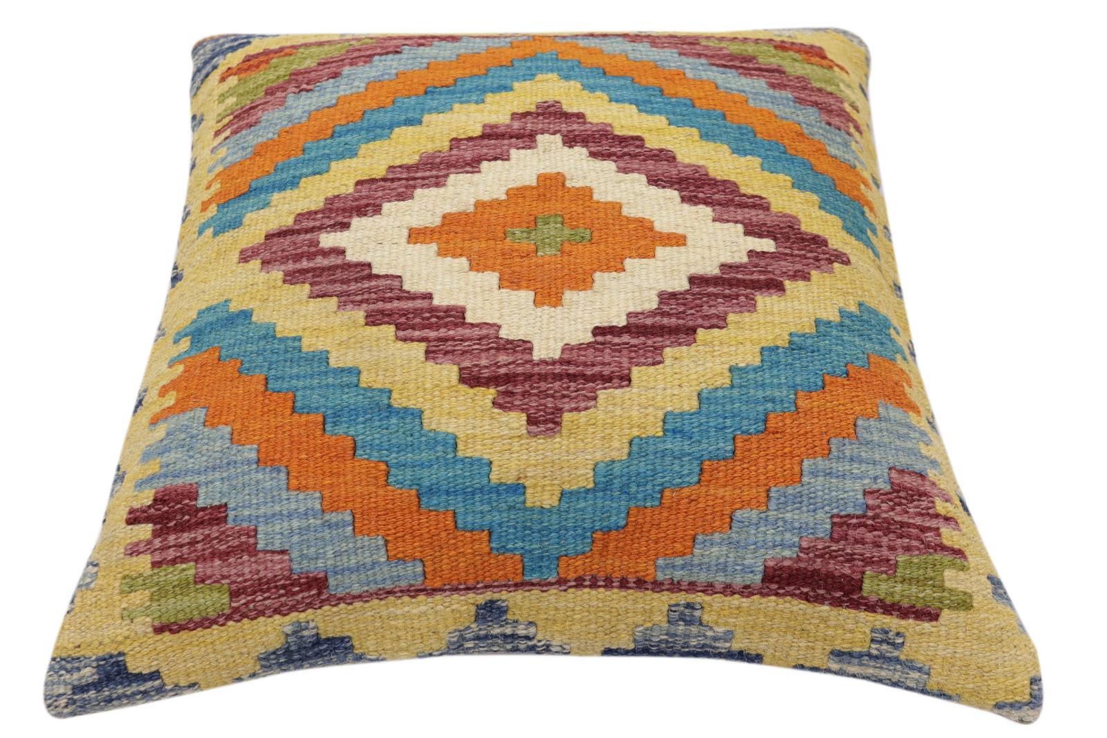 handmade Traditional Pillow Rust Blue Hand-Woven SQUARE 100% WOOL Hand woven turkish pillow2' x 2'