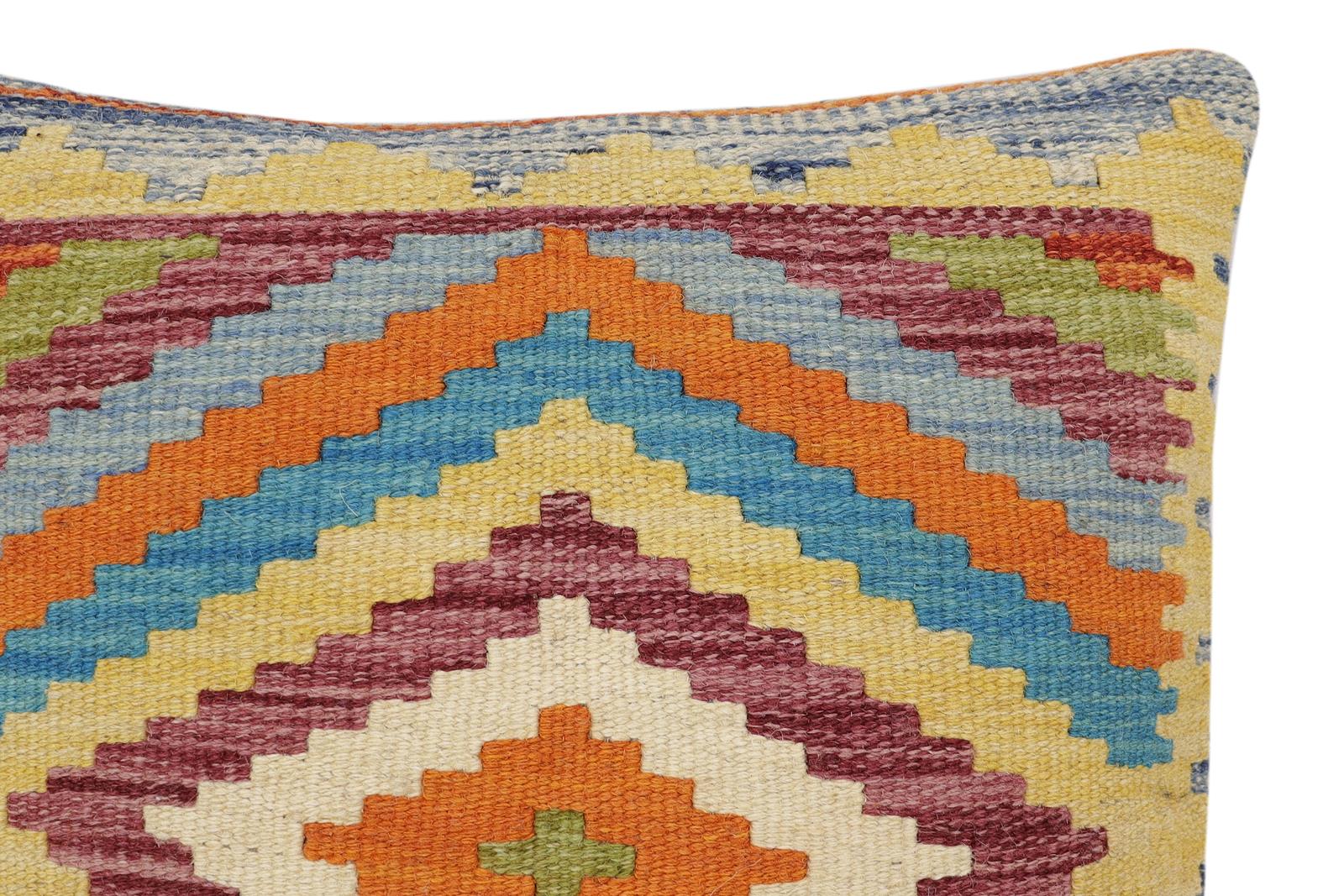 handmade Traditional Pillow Rust Blue Hand-Woven SQUARE 100% WOOL Hand woven turkish pillow2' x 2'