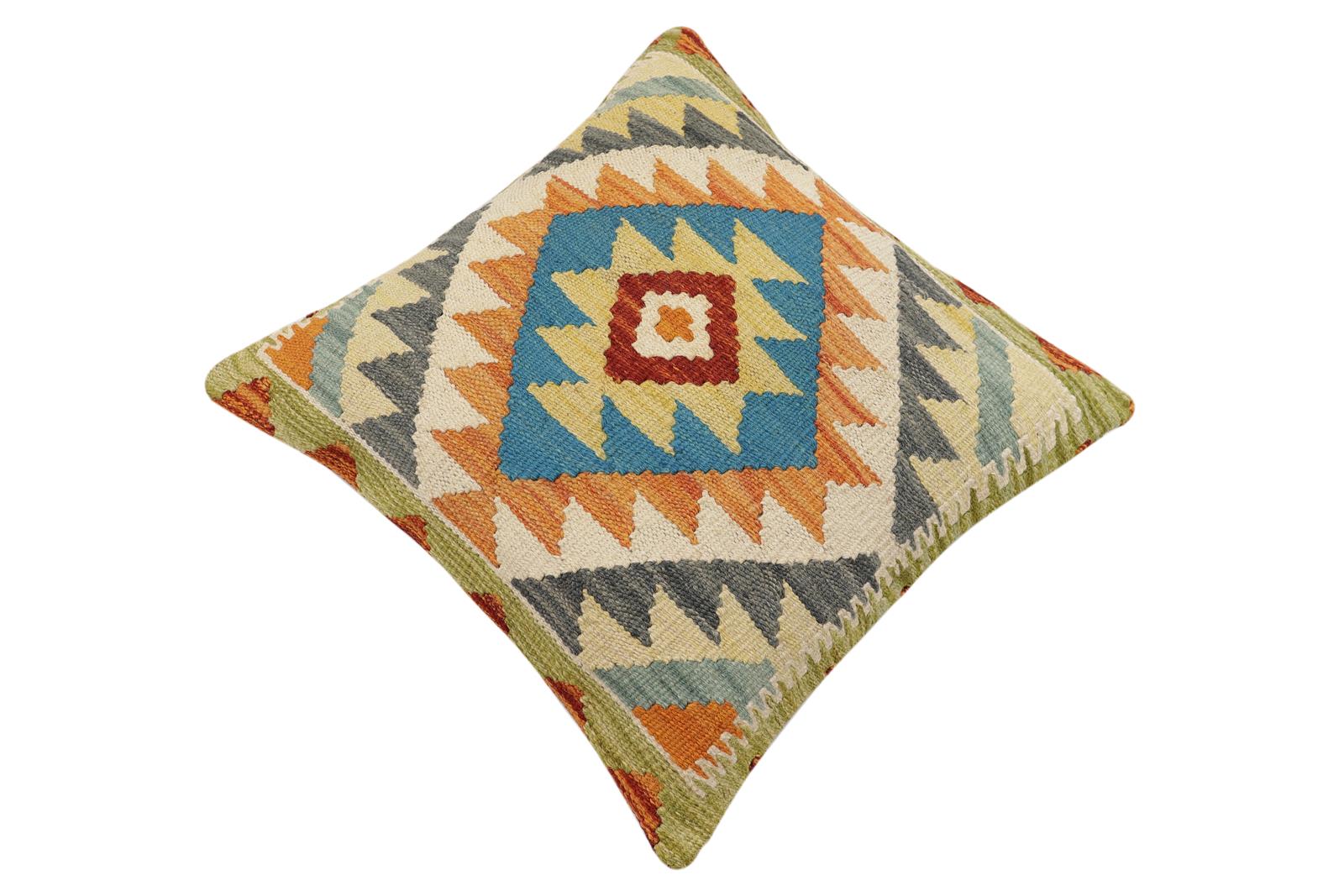 handmade Traditional Pillow Rust Blue Hand-Woven SQUARE 100% WOOL Hand woven turkish pillow2' x 2'