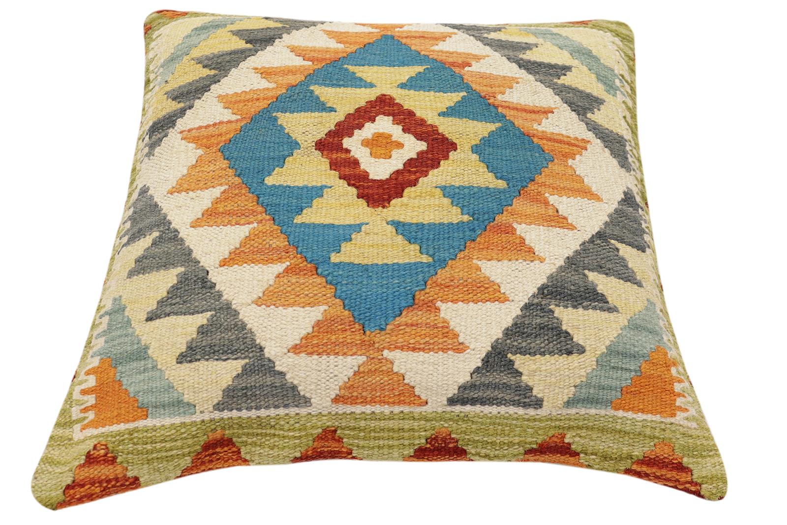 handmade Traditional Pillow Rust Blue Hand-Woven SQUARE 100% WOOL Hand woven turkish pillow2' x 2'