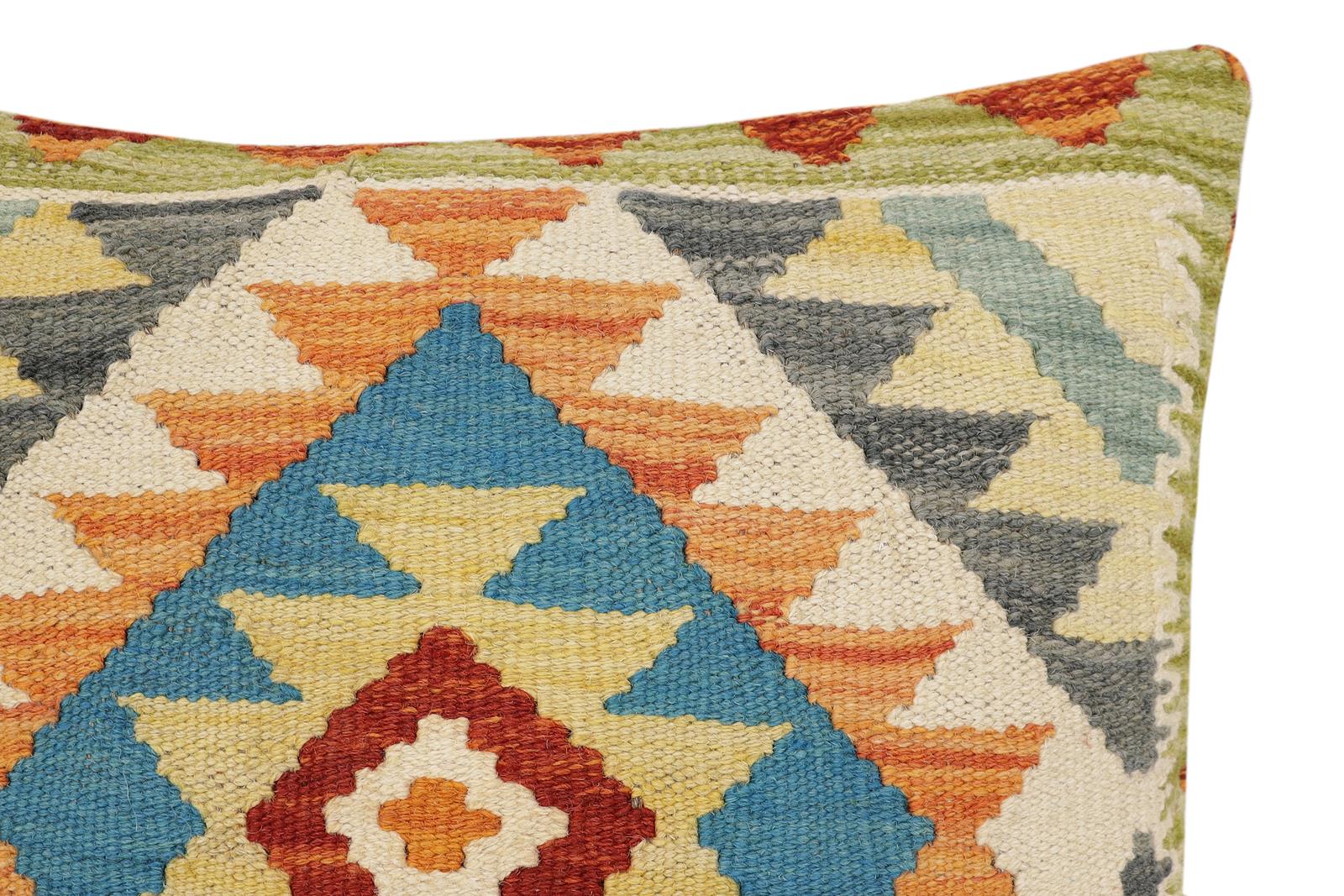 handmade Traditional Pillow Rust Blue Hand-Woven SQUARE 100% WOOL Hand woven turkish pillow2' x 2'