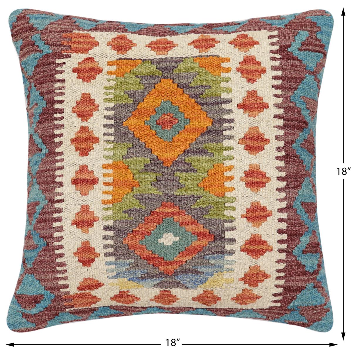 handmade Traditional Pillow Rust Blue Hand-Woven SQUARE 100% WOOL Hand woven turkish pillow2' x 2'
