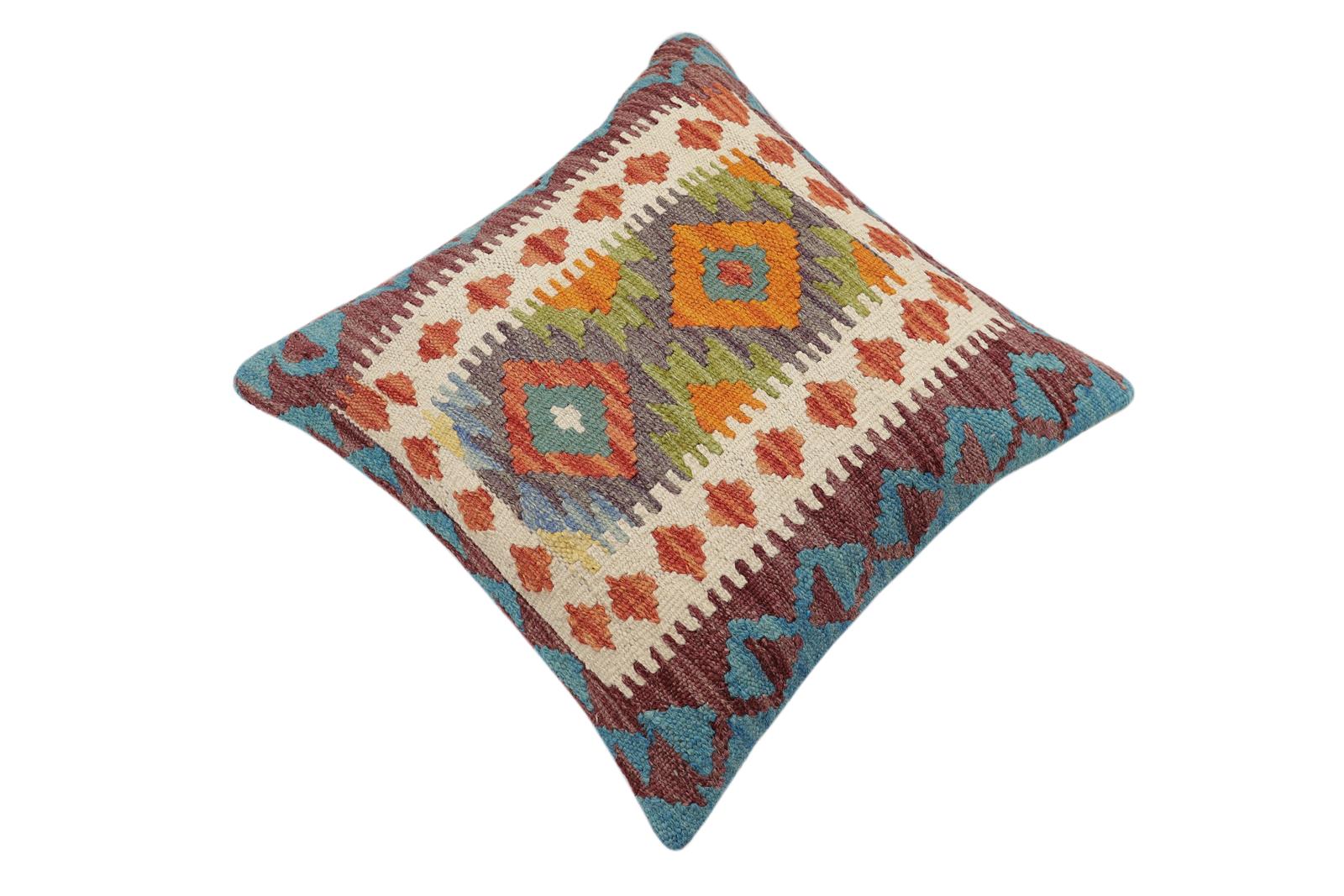 handmade Traditional Pillow Rust Blue Hand-Woven SQUARE 100% WOOL Hand woven turkish pillow2' x 2'