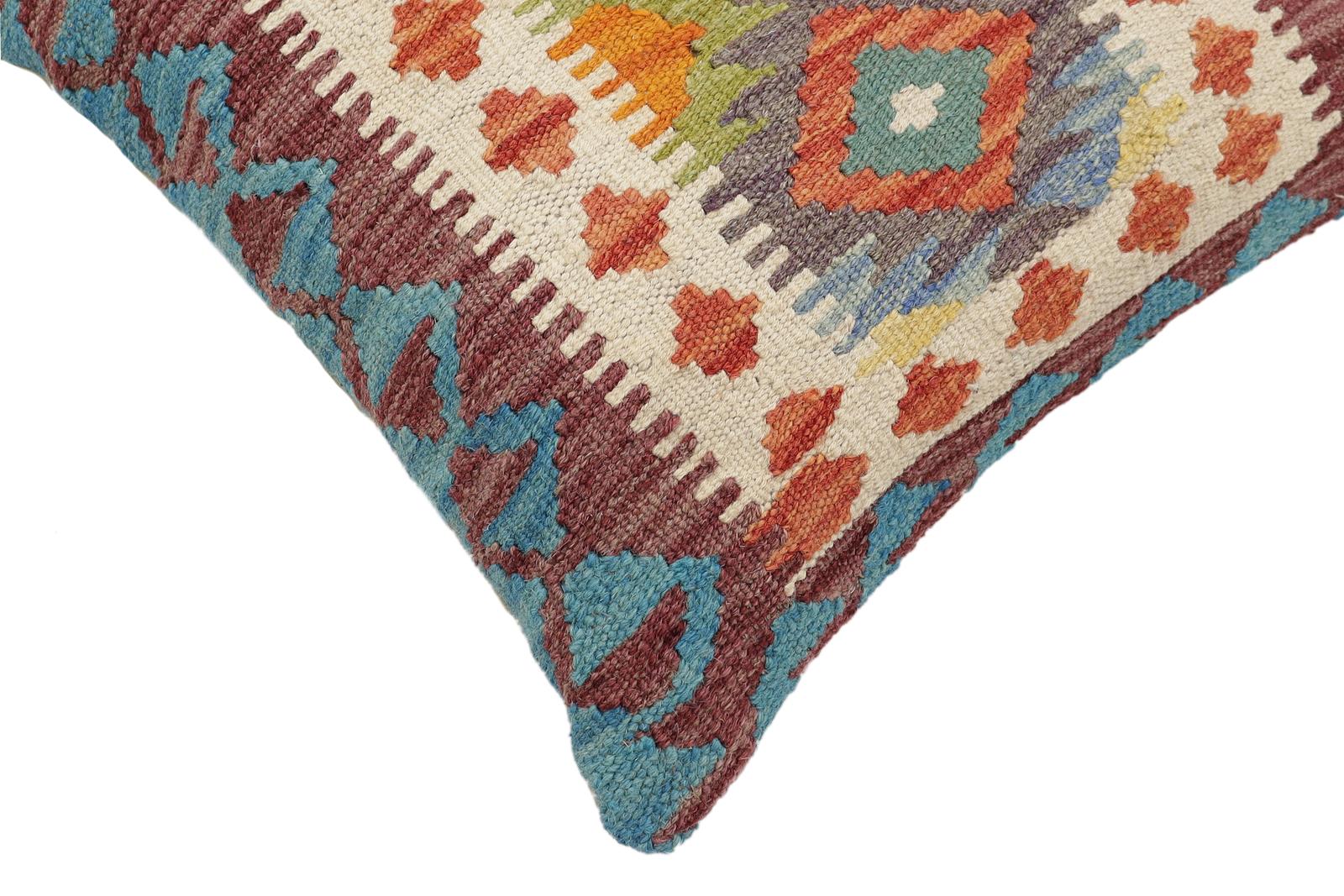 handmade Traditional Pillow Rust Blue Hand-Woven SQUARE 100% WOOL Hand woven turkish pillow2' x 2'