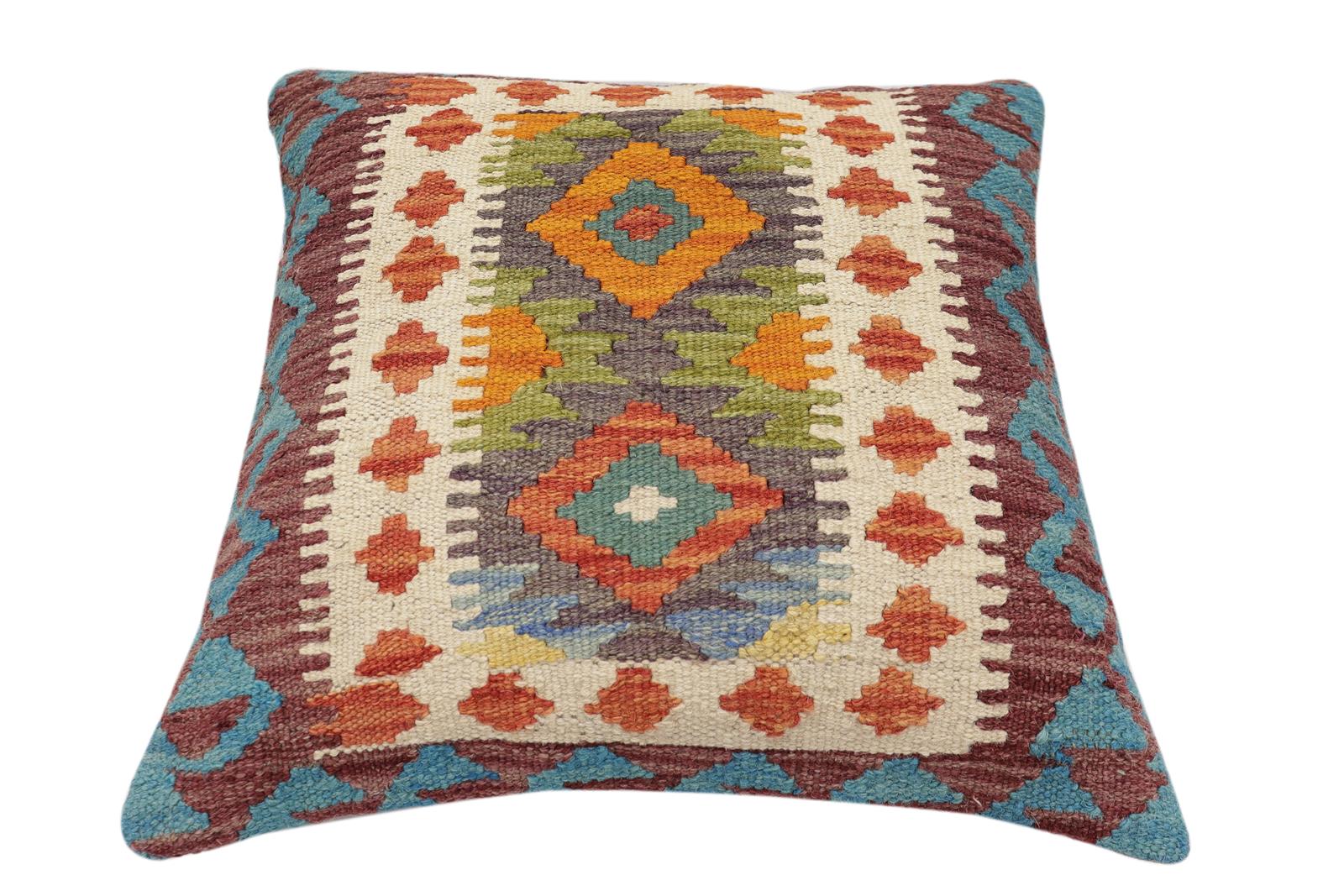 handmade Traditional Pillow Rust Blue Hand-Woven SQUARE 100% WOOL Hand woven turkish pillow2' x 2'